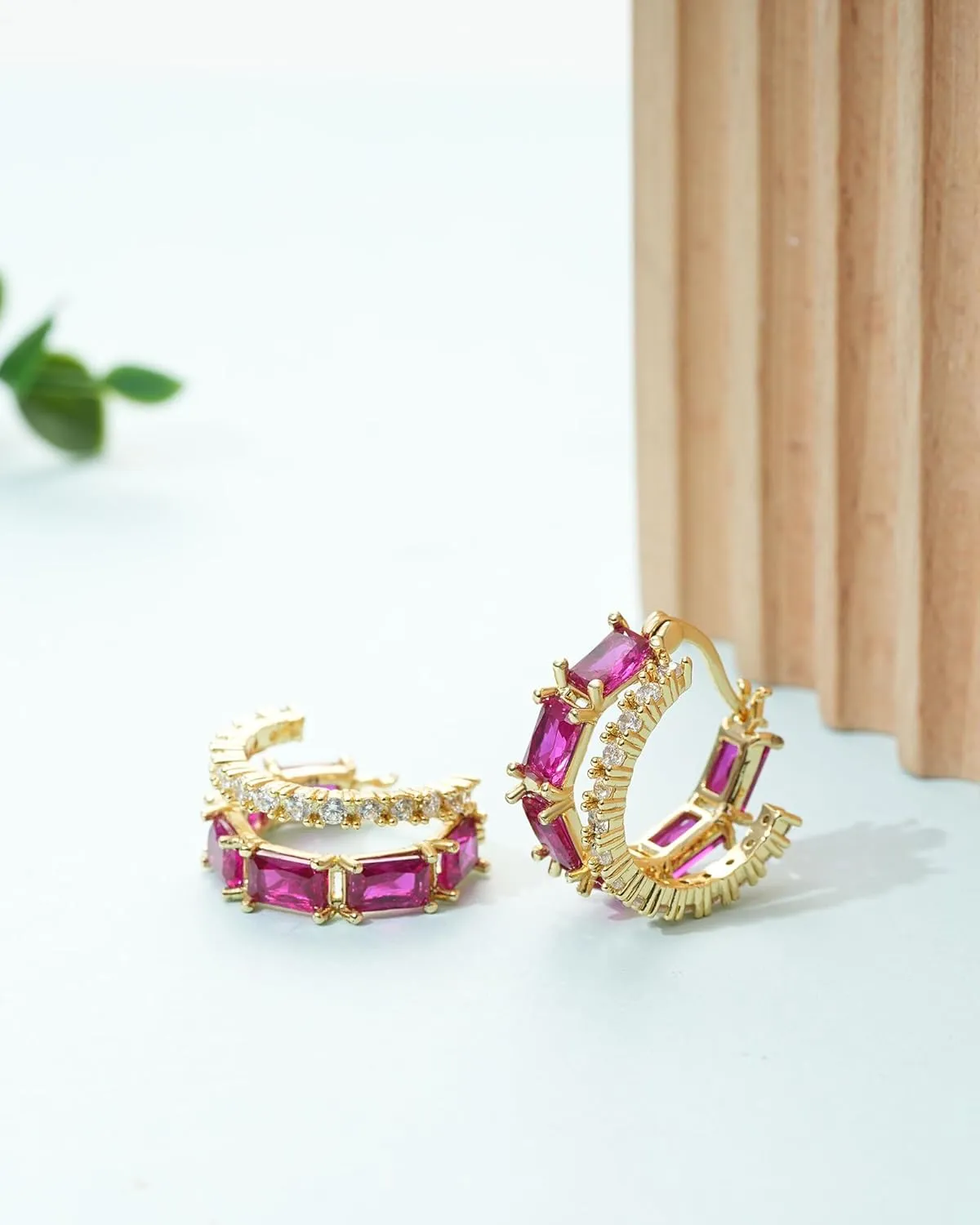 Lourny Double Hoop Crystal Earrings for Women,18K Gold/Silver Plated Illusion Huggie Cubic Zirconia Hoop Earrings Jewelry Gifts