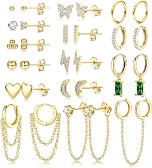 LOYALLOOK 29Pcs 14K Gold Plated Studs Earrings and Hoops Set for Women Huggie Hoop Studs Earrings Set Dainty Minimalist Moon Heart Butterfly CZ Ball Small Dangle Chain Hoop Earrings Set for Multiple Piercing