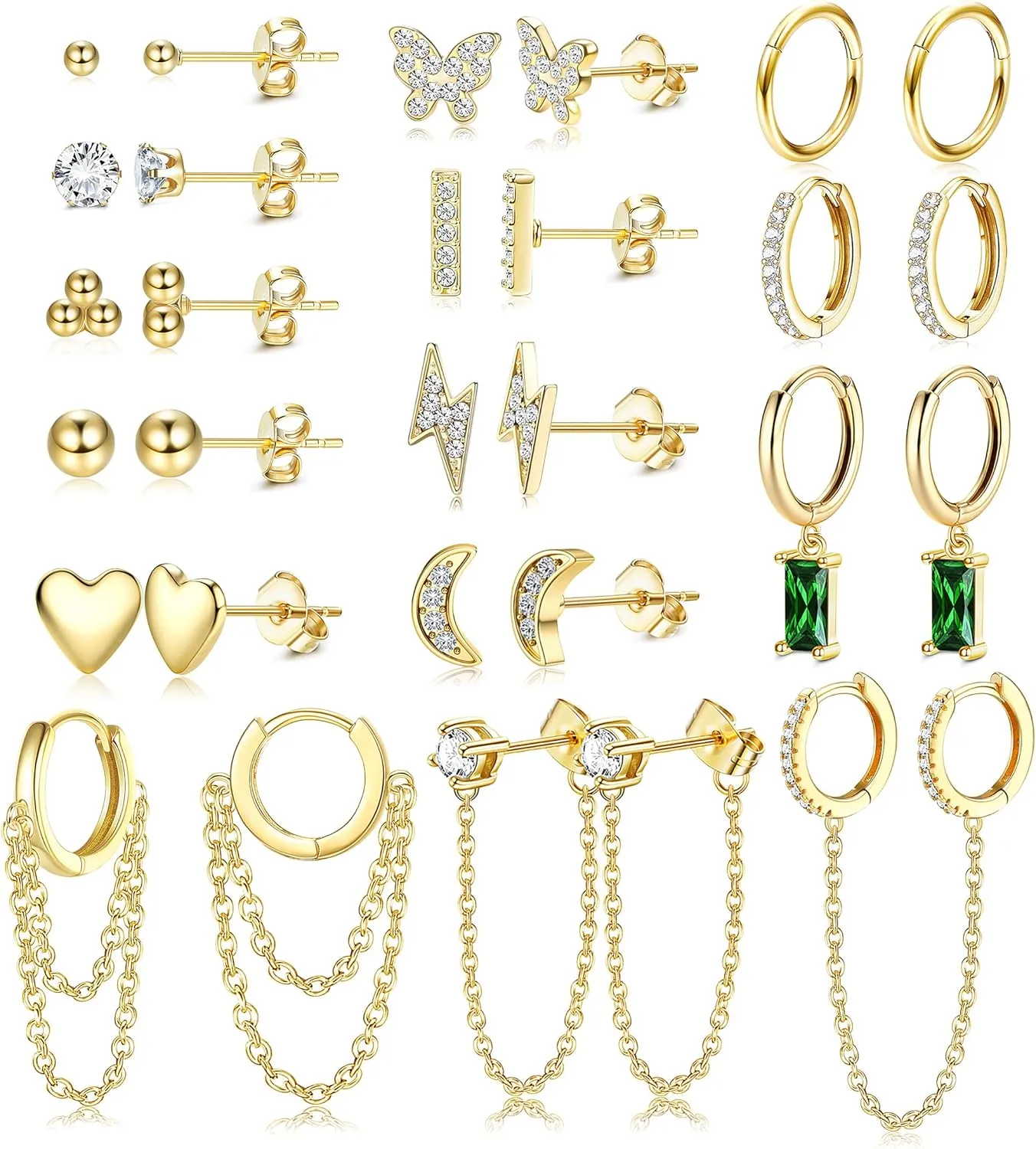 LOYALLOOK 29Pcs 14K Gold Plated Studs Earrings and Hoops Set for Women Huggie Hoop Studs Earrings Set Dainty Minimalist Moon Heart Butterfly CZ Ball Small Dangle Chain Hoop Earrings Set for Multiple Piercing