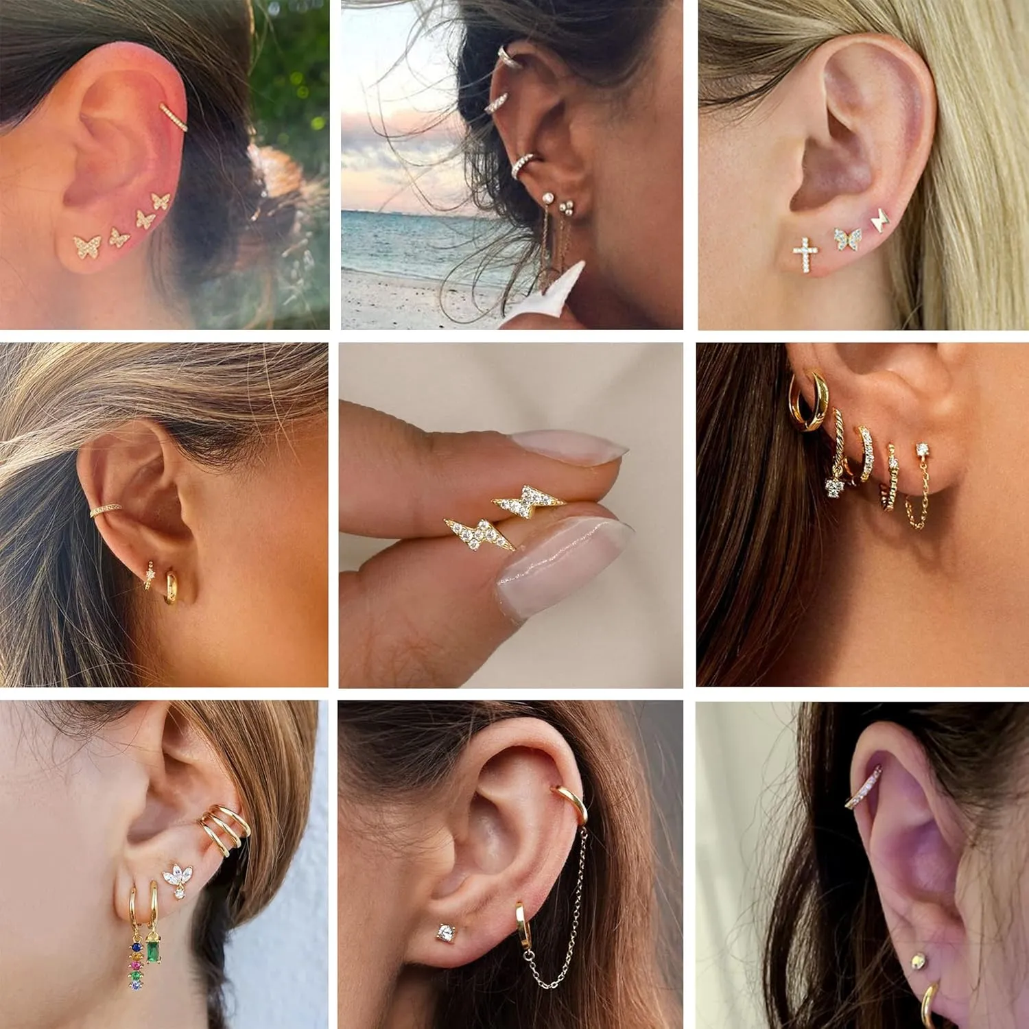 LOYALLOOK 29Pcs 14K Gold Plated Studs Earrings and Hoops Set for Women Huggie Hoop Studs Earrings Set Dainty Minimalist Moon Heart Butterfly CZ Ball Small Dangle Chain Hoop Earrings Set for Multiple Piercing