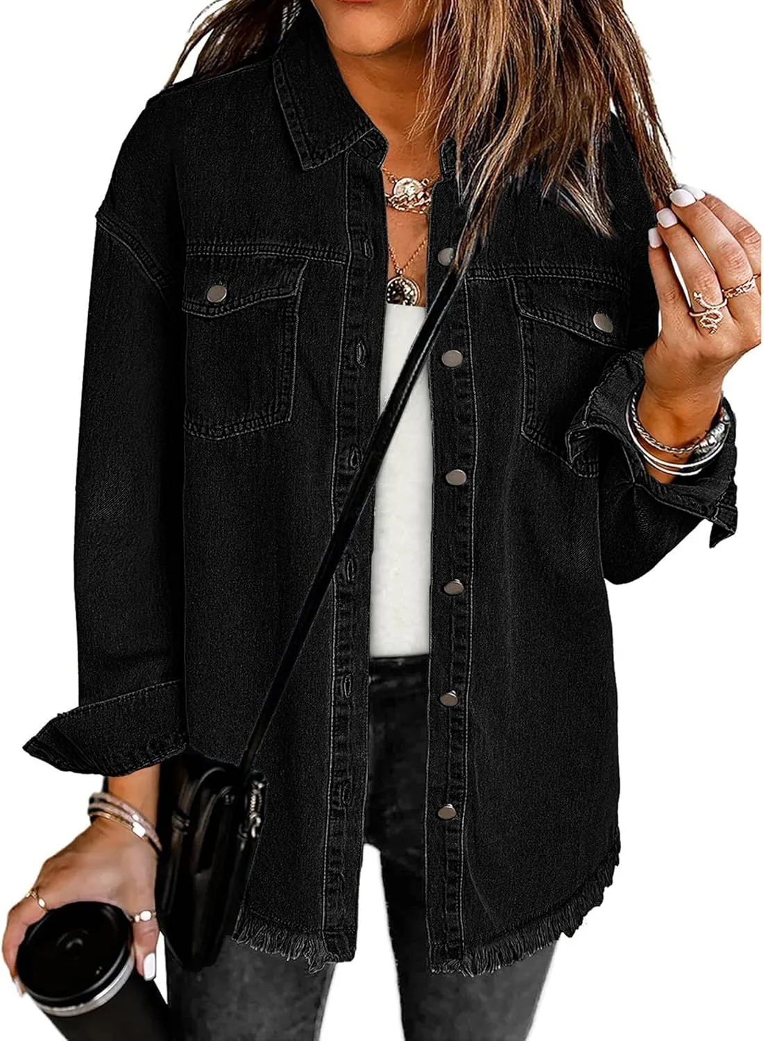 luvamia Denim Jacket for Women Oversized Button Down Casual Jean Shacket Jackets Long Sleeve Frayed Hem Western Trendy