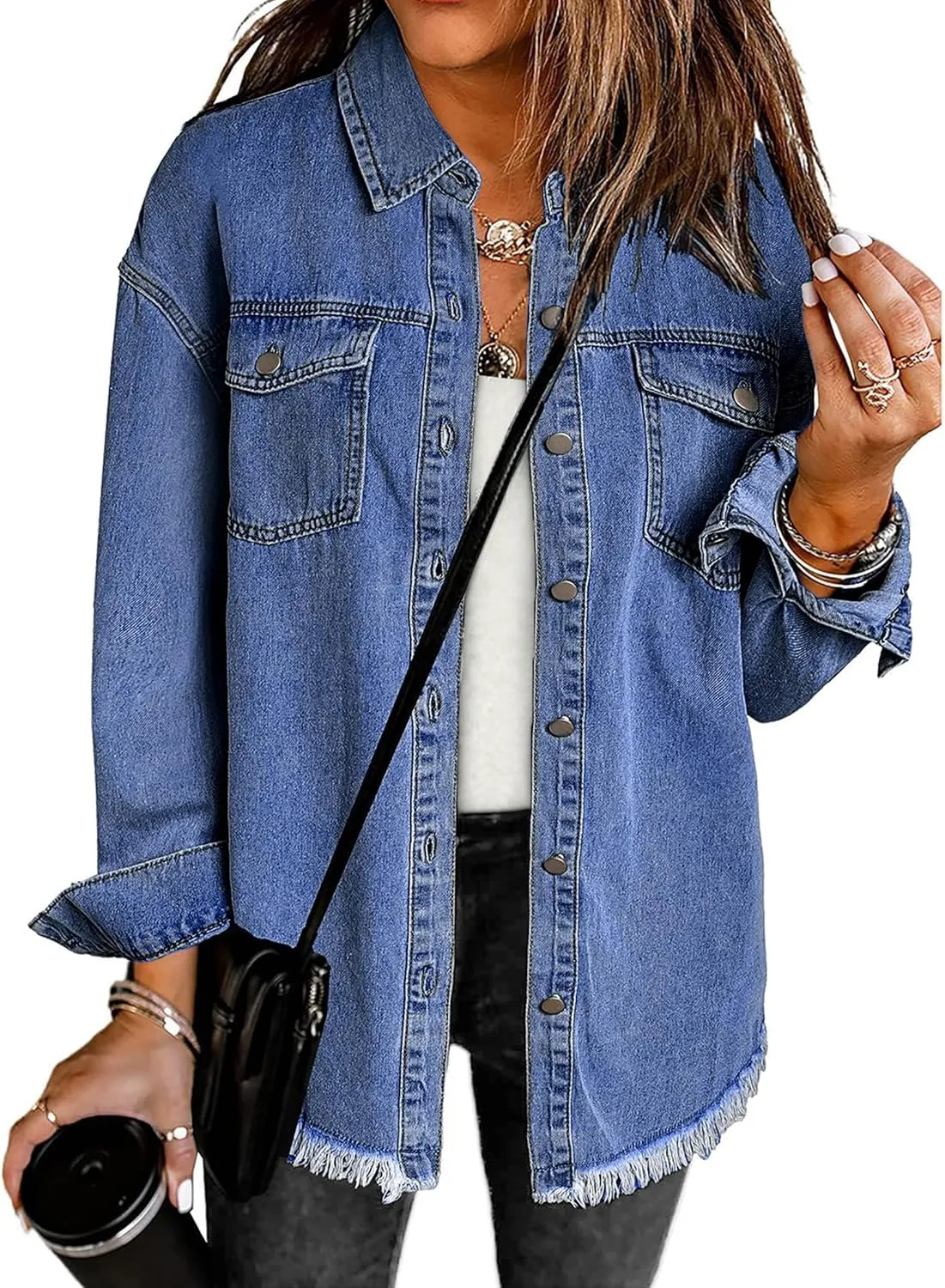 luvamia Denim Jacket for Women Oversized Button Down Casual Jean Shacket Jackets Long Sleeve Frayed Hem Western Trendy