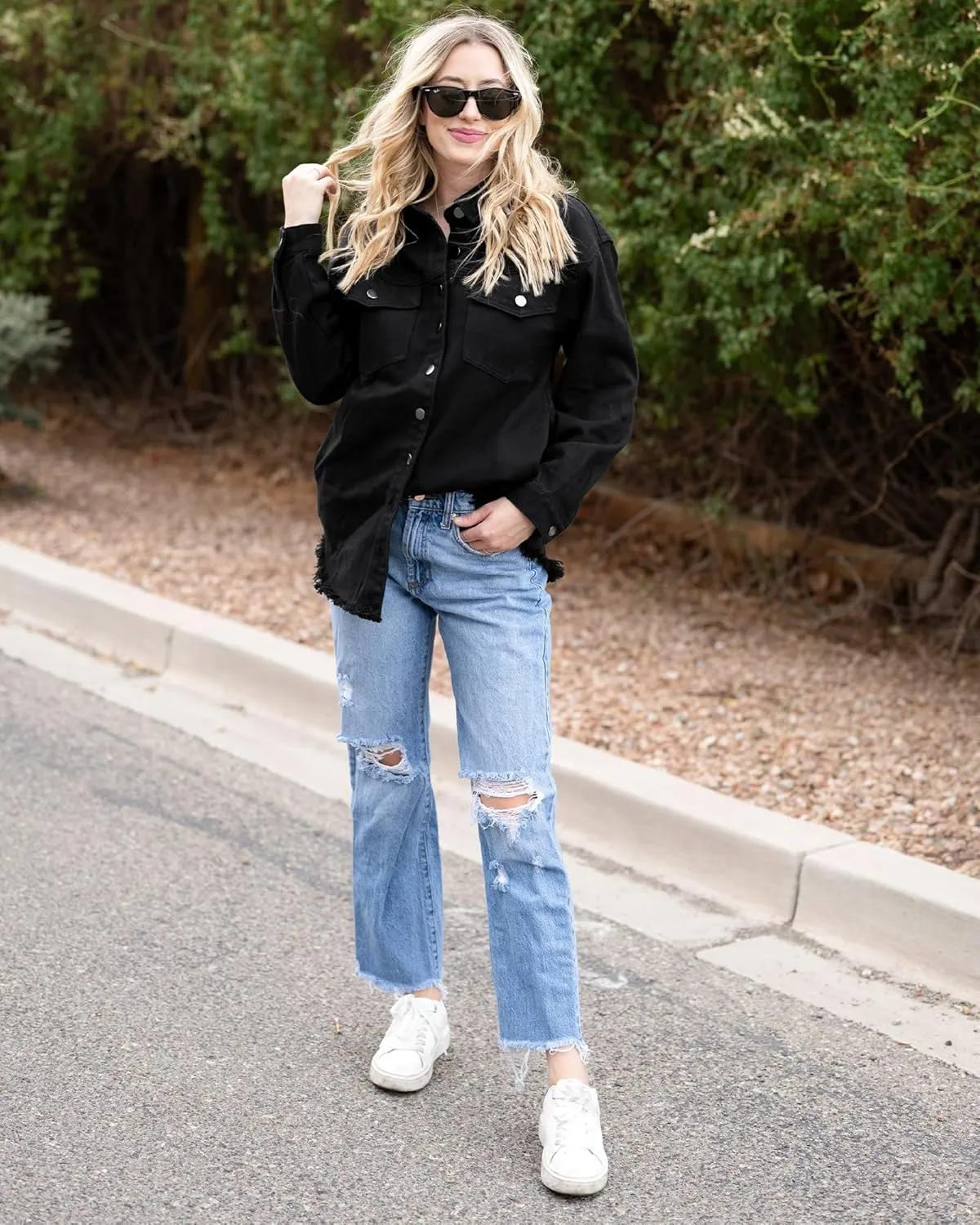 luvamia Denim Jacket for Women Oversized Button Down Casual Jean Shacket Jackets Long Sleeve Frayed Hem Western Trendy