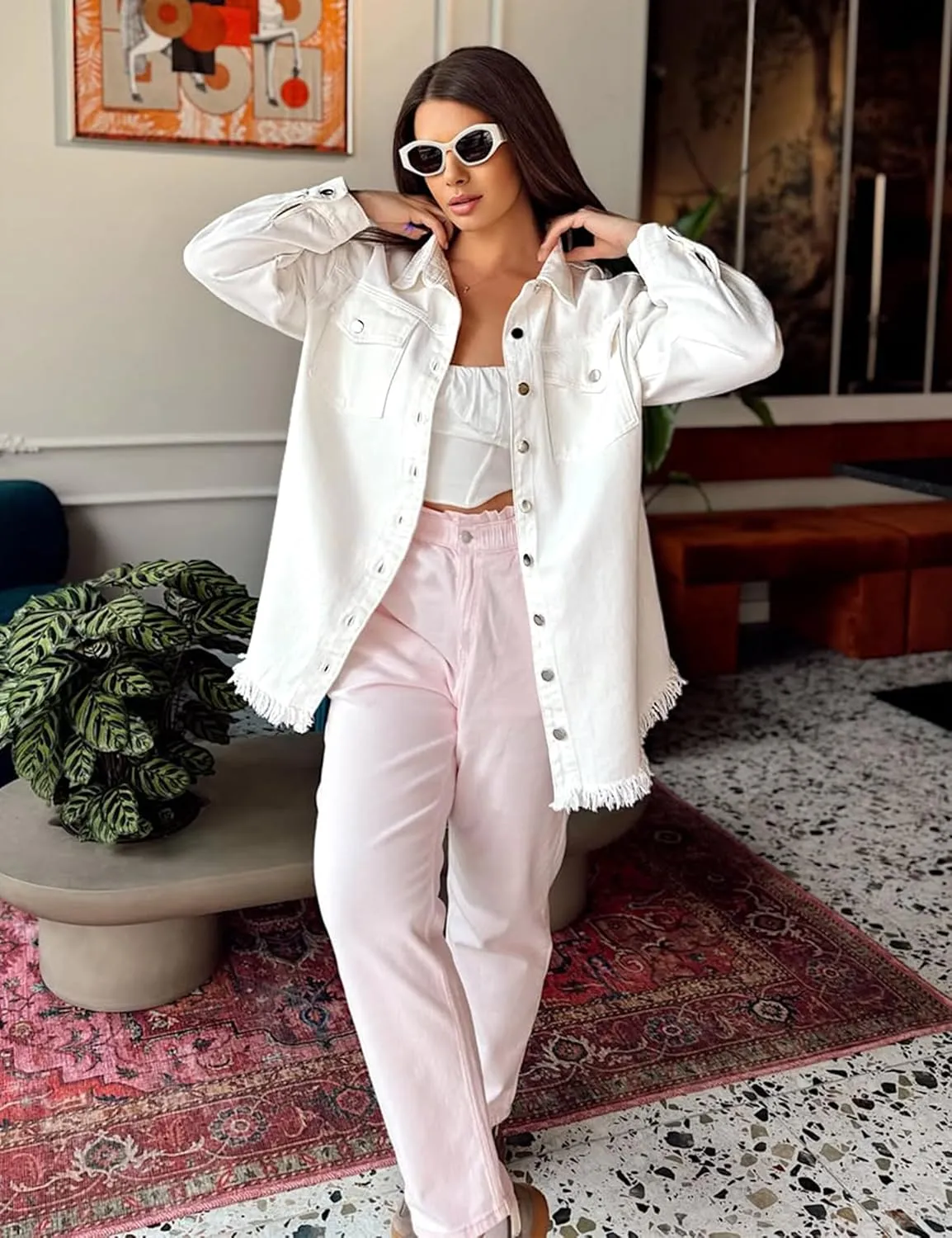 luvamia Denim Jacket for Women Oversized Button Down Casual Jean Shacket Jackets Long Sleeve Frayed Hem Western Trendy