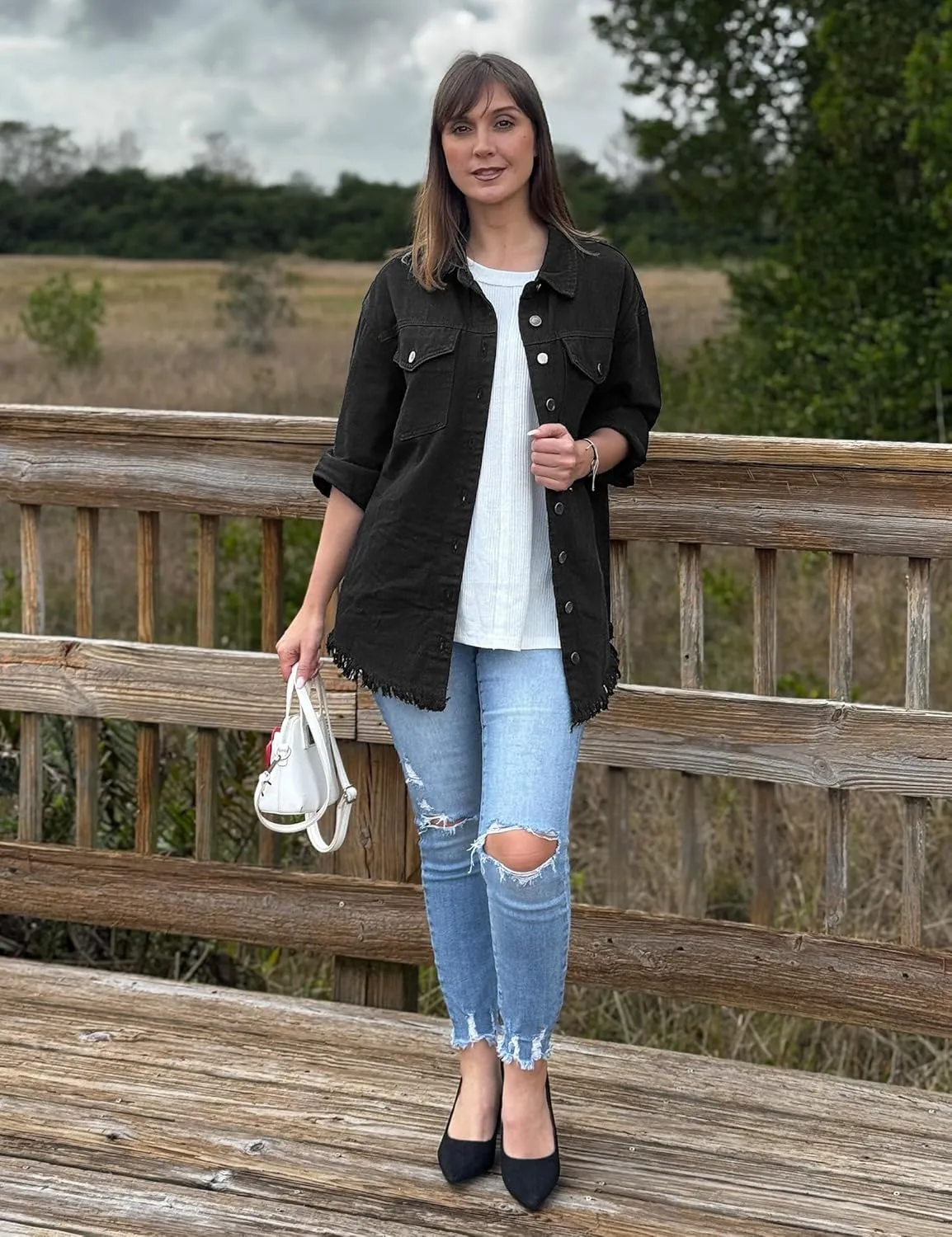luvamia Denim Jacket for Women Oversized Button Down Casual Jean Shacket Jackets Long Sleeve Frayed Hem Western Trendy