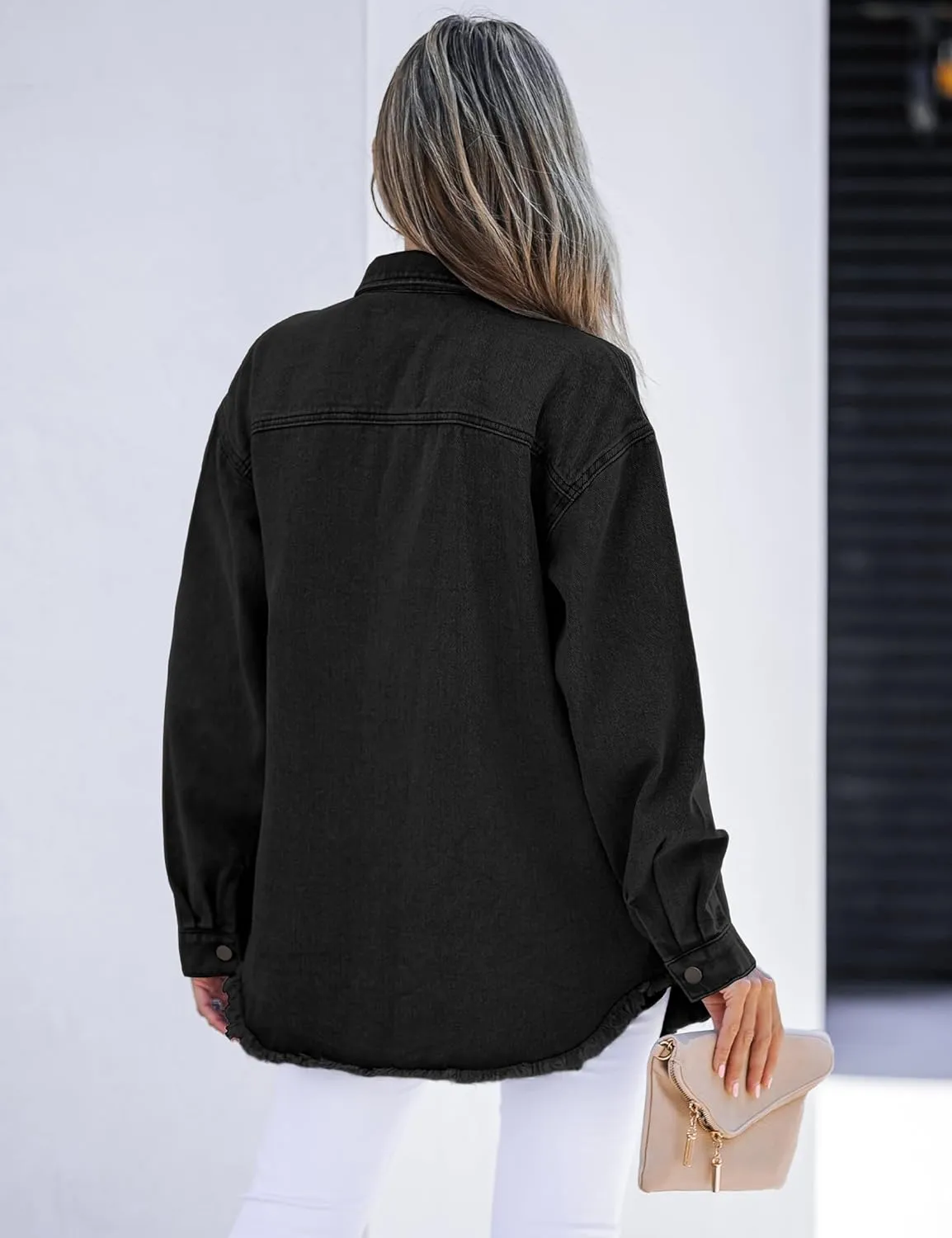 luvamia Denim Jacket for Women Oversized Button Down Casual Jean Shacket Jackets Long Sleeve Frayed Hem Western Trendy