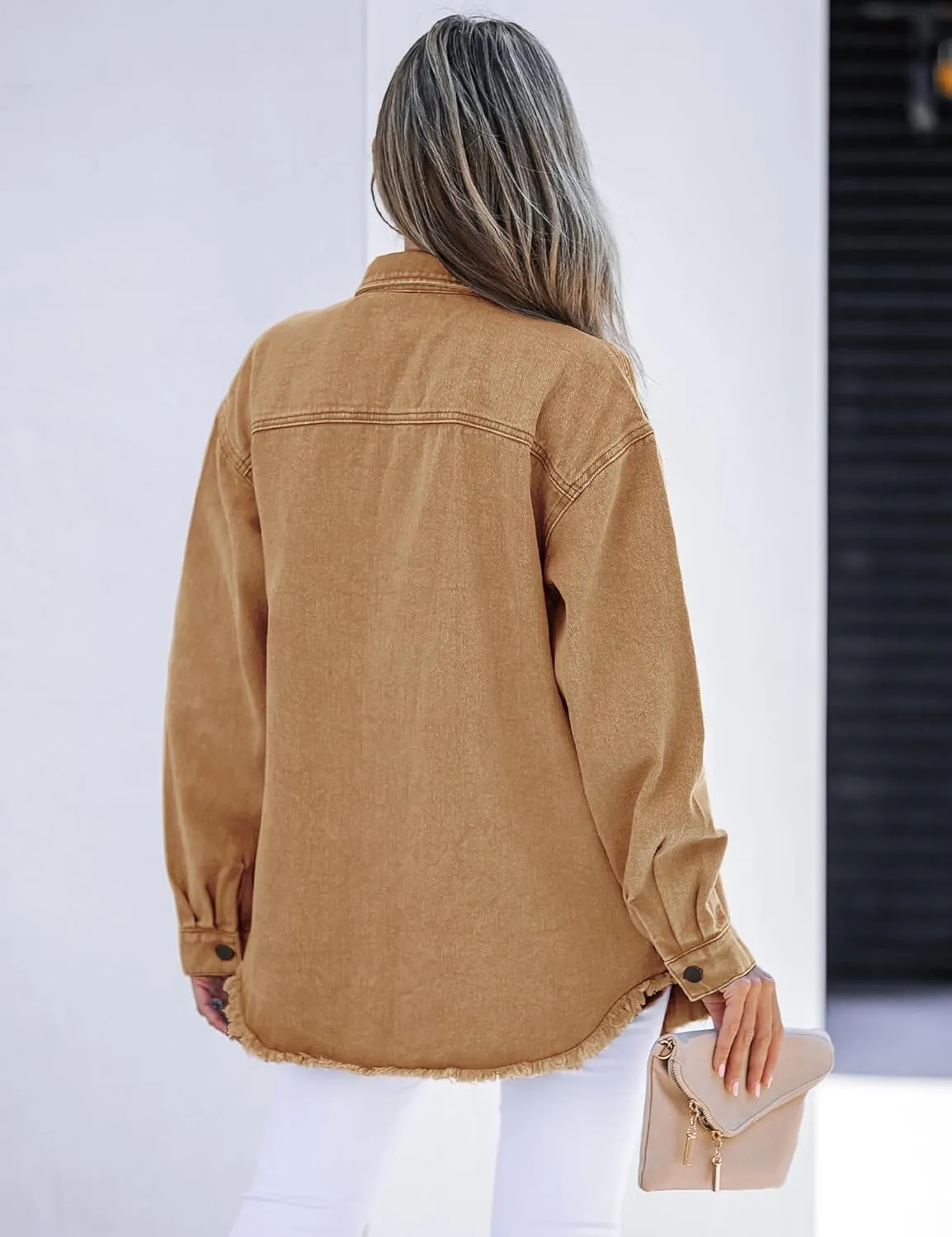 luvamia Denim Jacket for Women Oversized Button Down Casual Jean Shacket Jackets Long Sleeve Frayed Hem Western Trendy