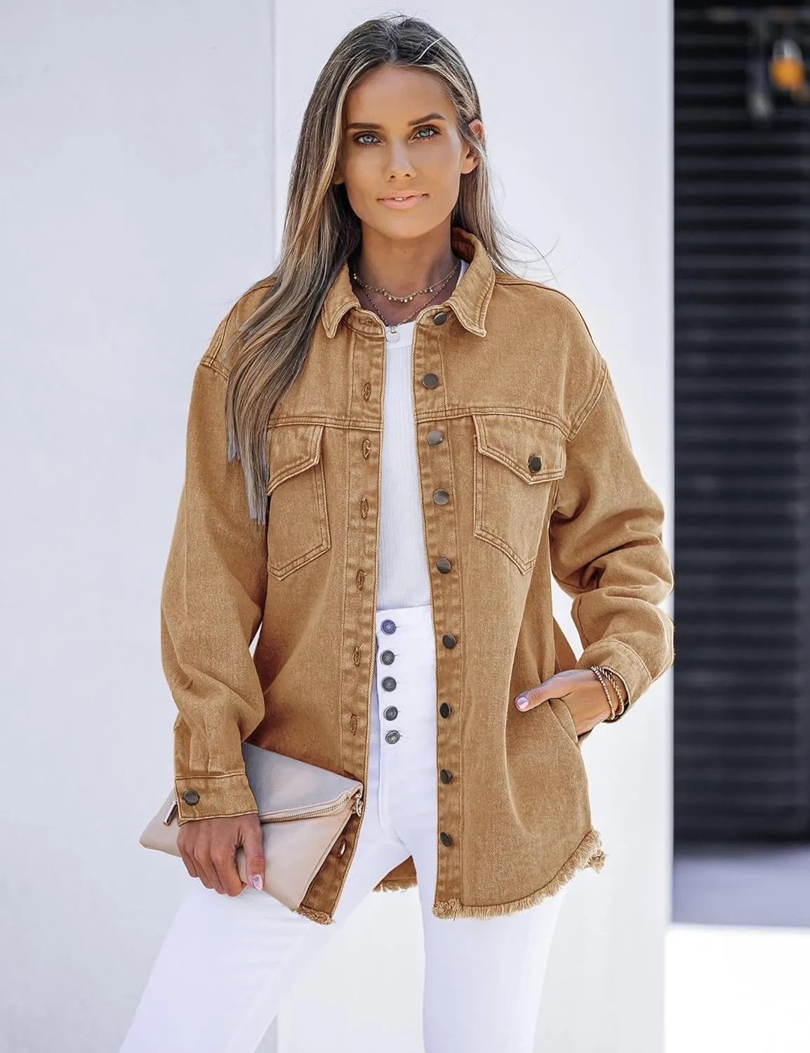 luvamia Denim Jacket for Women Oversized Button Down Casual Jean Shacket Jackets Long Sleeve Frayed Hem Western Trendy
