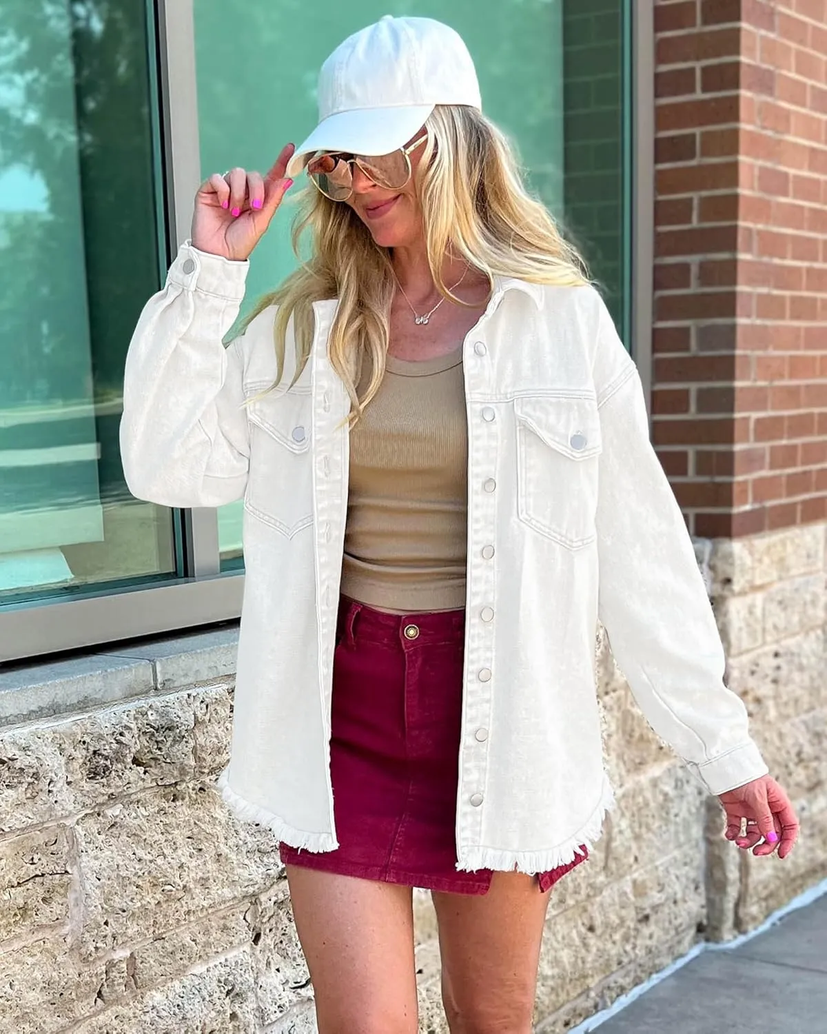 luvamia Denim Jacket for Women Oversized Button Down Casual Jean Shacket Jackets Long Sleeve Frayed Hem Western Trendy