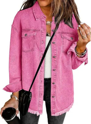 luvamia Denim Jacket for Women Oversized Button Down Casual Jean Shacket Jackets Long Sleeve Frayed Hem Western Trendy