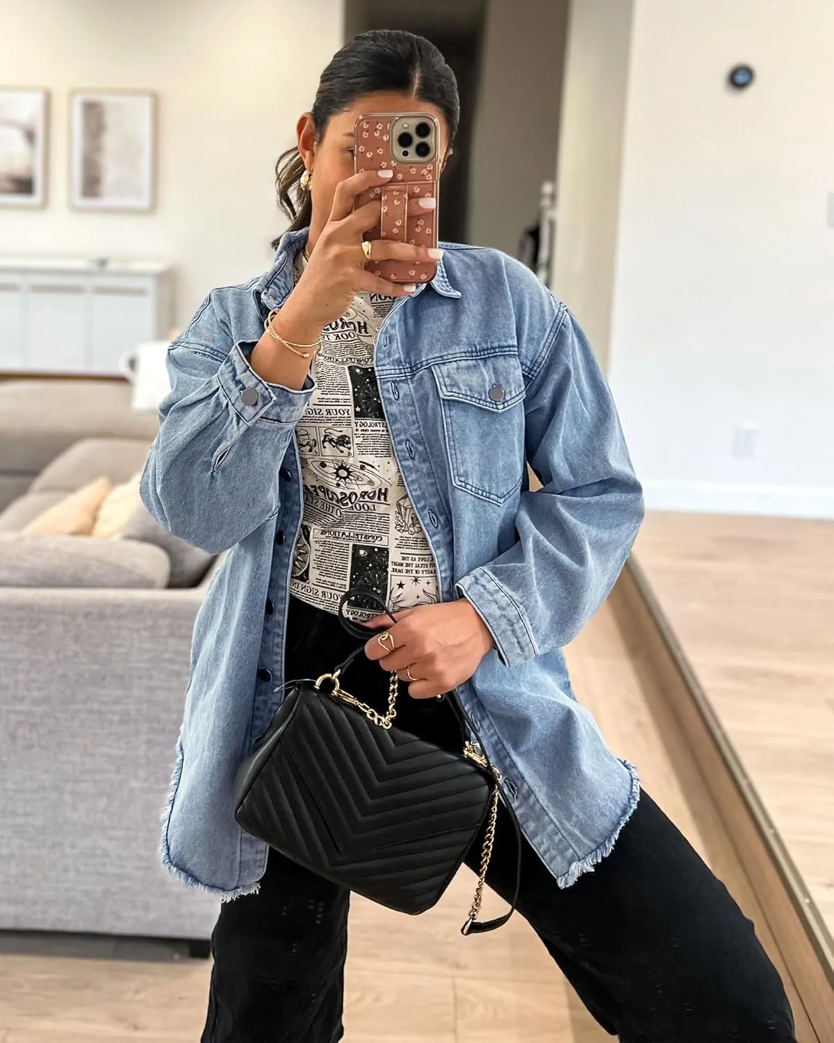 luvamia Denim Jacket for Women Oversized Button Down Casual Jean Shacket Jackets Long Sleeve Frayed Hem Western Trendy