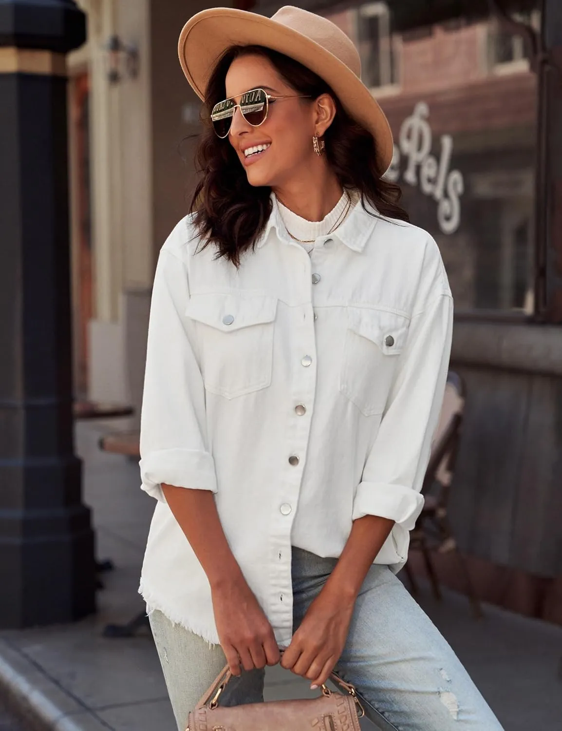luvamia Denim Jacket for Women Oversized Button Down Casual Jean Shacket Jackets Long Sleeve Frayed Hem Western Trendy