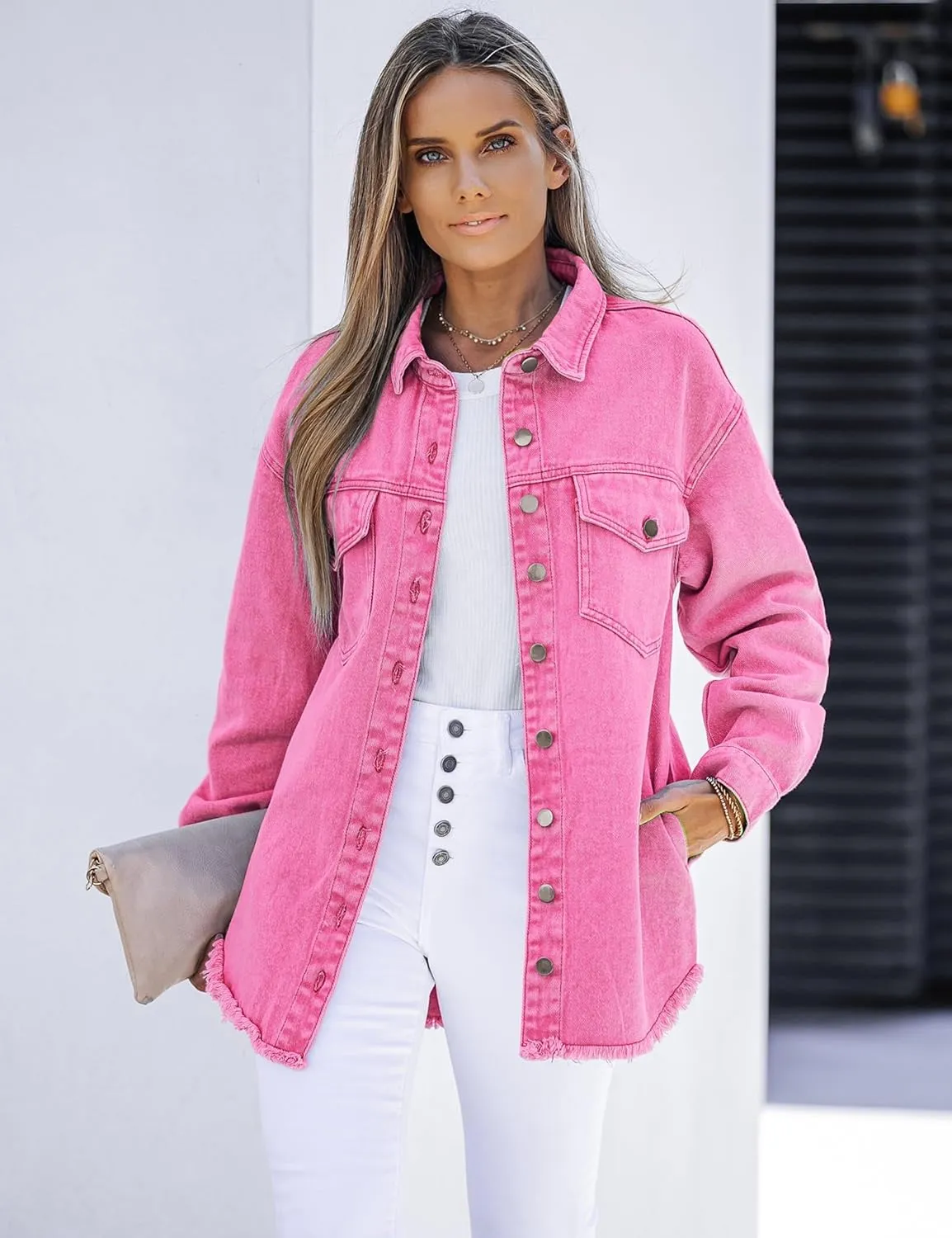 luvamia Denim Jacket for Women Oversized Button Down Casual Jean Shacket Jackets Long Sleeve Frayed Hem Western Trendy