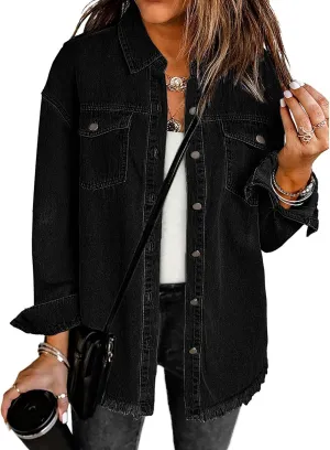 luvamia Denim Jacket for Women Oversized Button Down Casual Jean Shacket Jackets Long Sleeve Frayed Hem Western Trendy