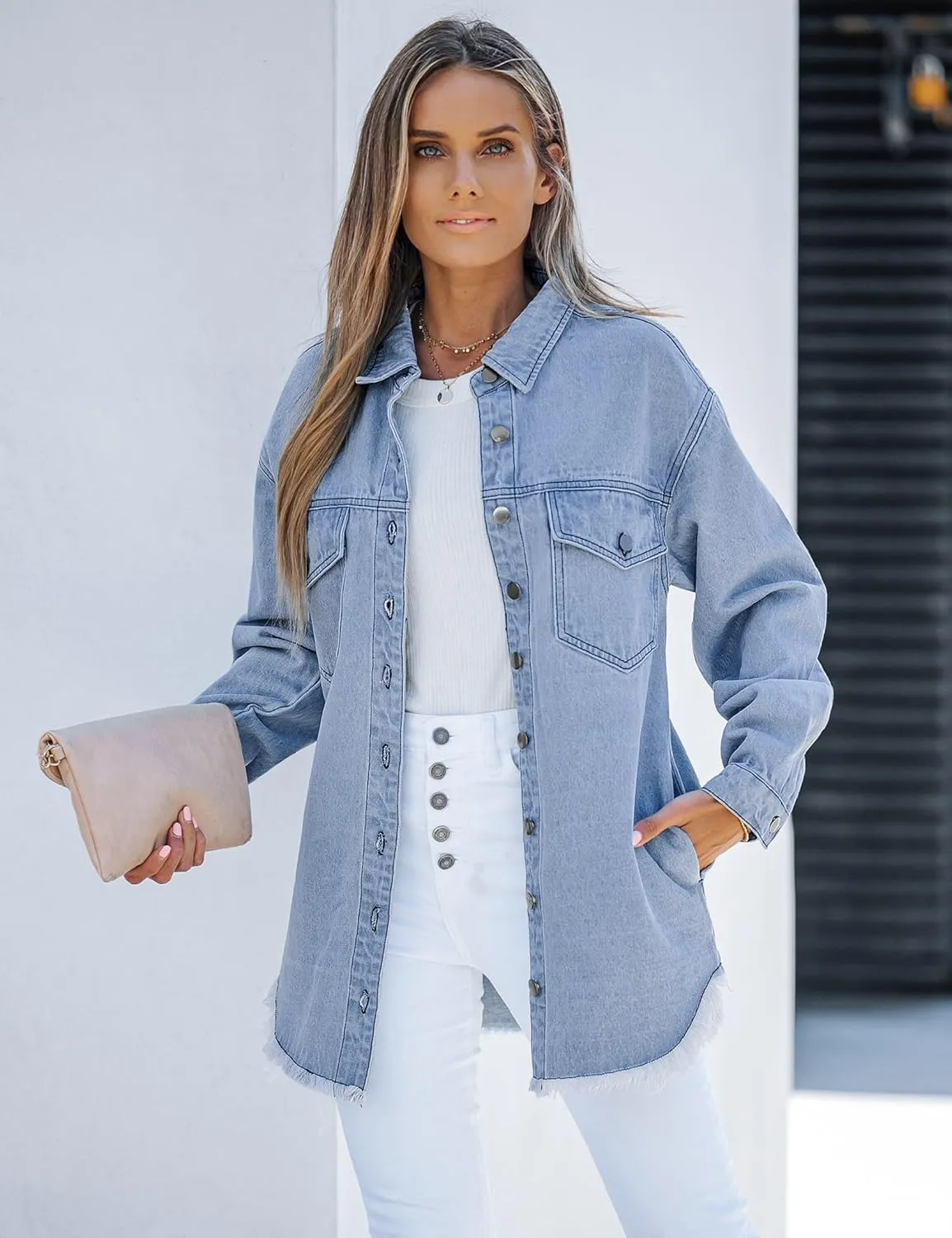 luvamia Denim Jacket for Women Oversized Button Down Casual Jean Shacket Jackets Long Sleeve Frayed Hem Western Trendy