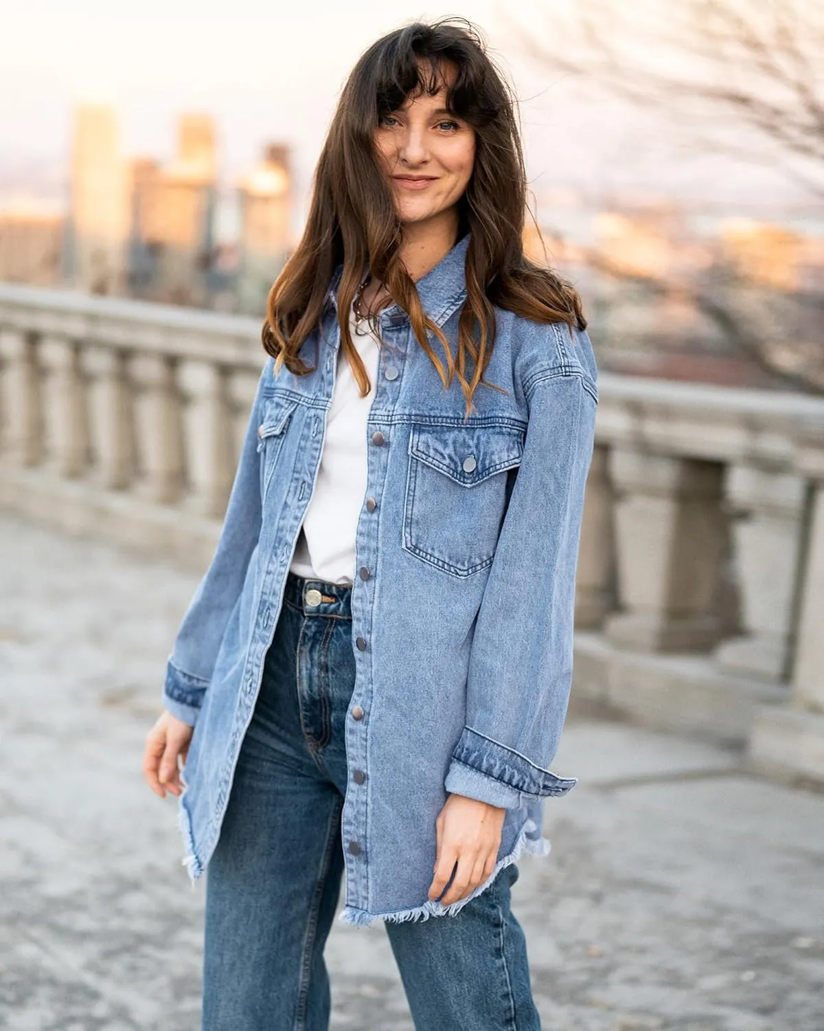 luvamia Denim Jacket for Women Oversized Button Down Casual Jean Shacket Jackets Long Sleeve Frayed Hem Western Trendy