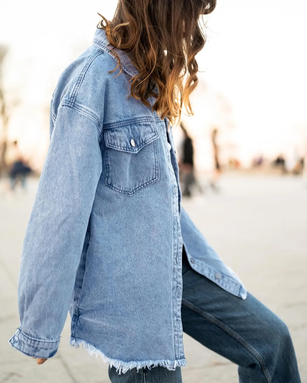luvamia Denim Jacket for Women Oversized Button Down Casual Jean Shacket Jackets Long Sleeve Frayed Hem Western Trendy