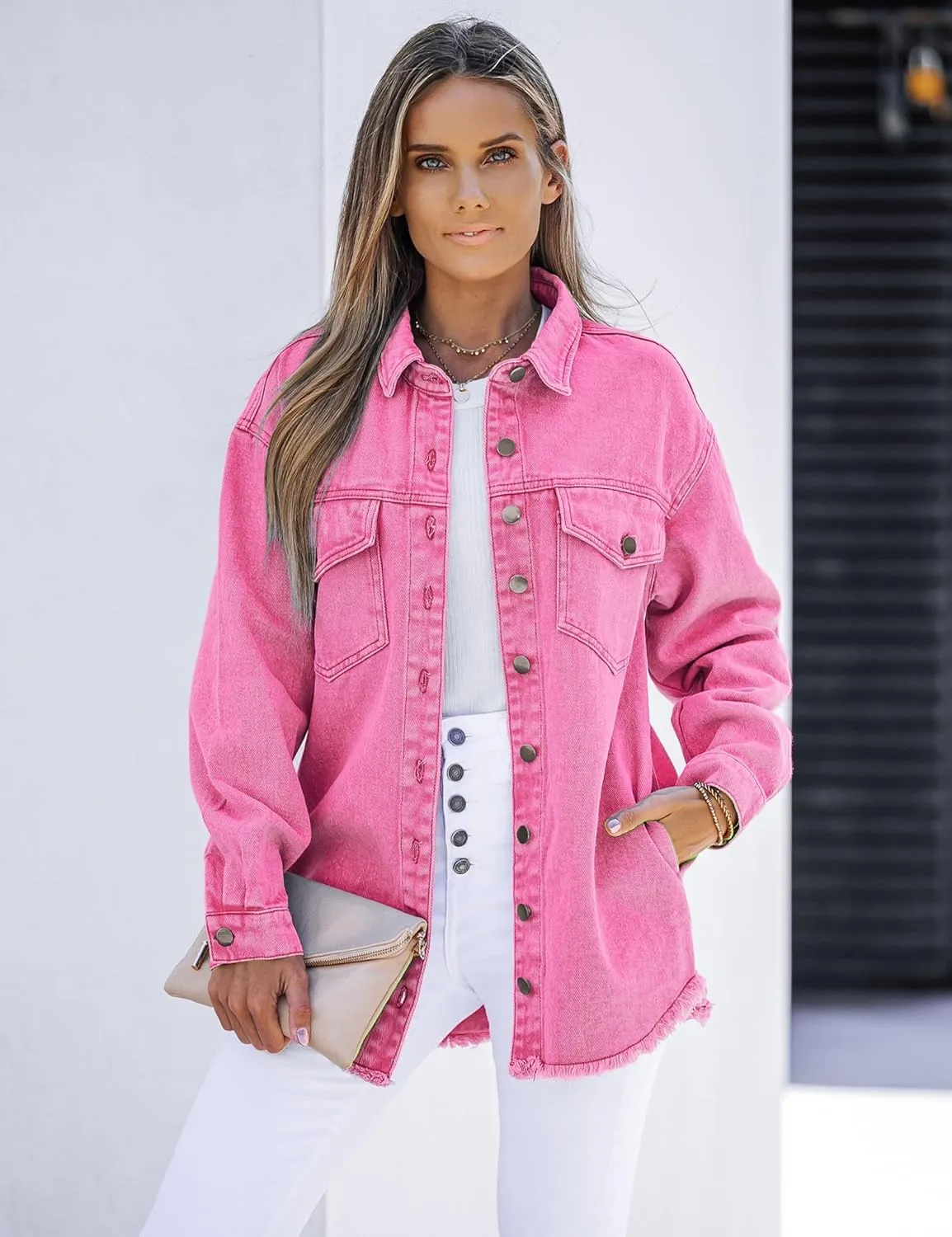 luvamia Denim Jacket for Women Oversized Button Down Casual Jean Shacket Jackets Long Sleeve Frayed Hem Western Trendy