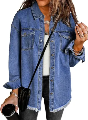 luvamia Denim Jacket for Women Oversized Button Down Casual Jean Shacket Jackets Long Sleeve Frayed Hem Western Trendy