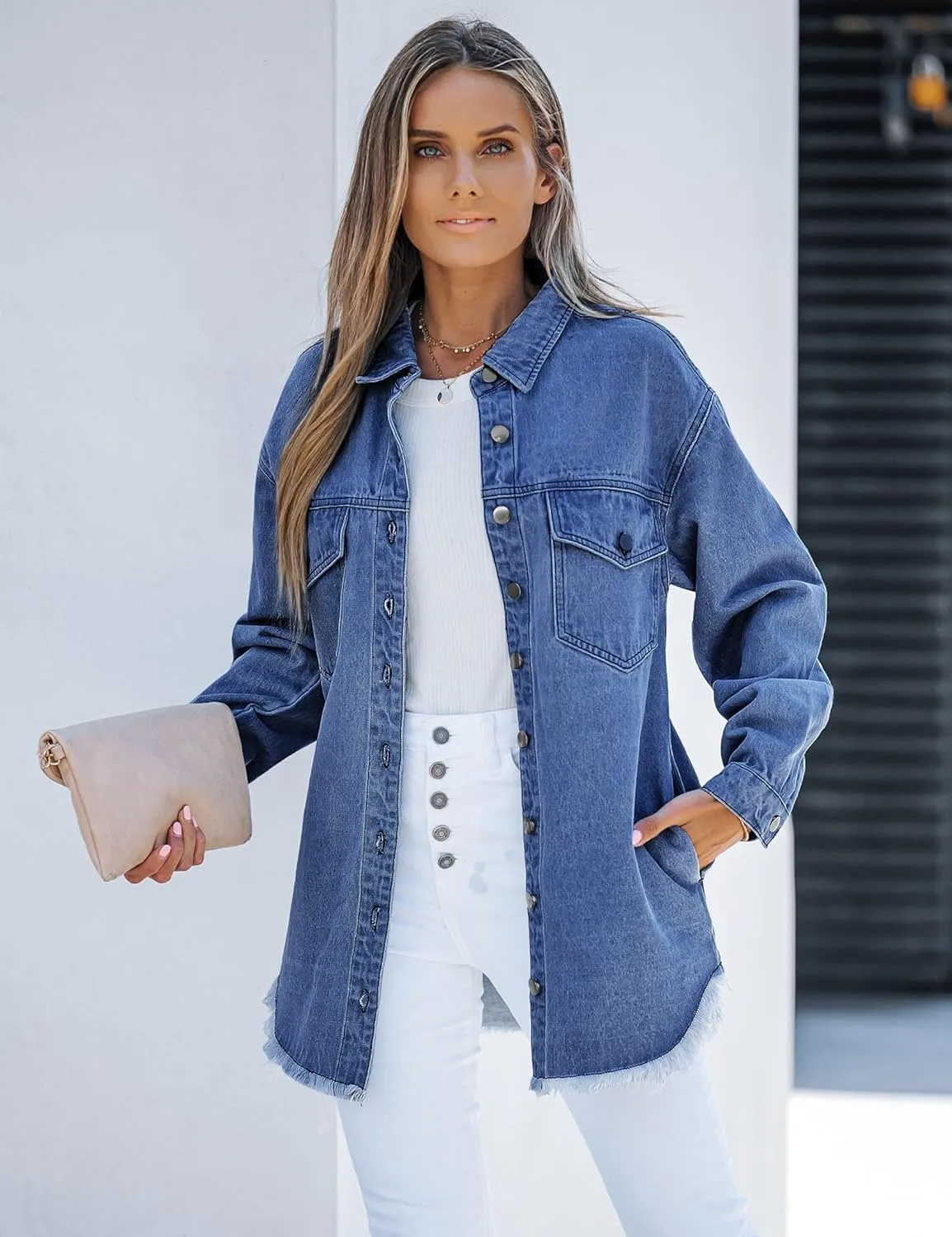 luvamia Denim Jacket for Women Oversized Button Down Casual Jean Shacket Jackets Long Sleeve Frayed Hem Western Trendy