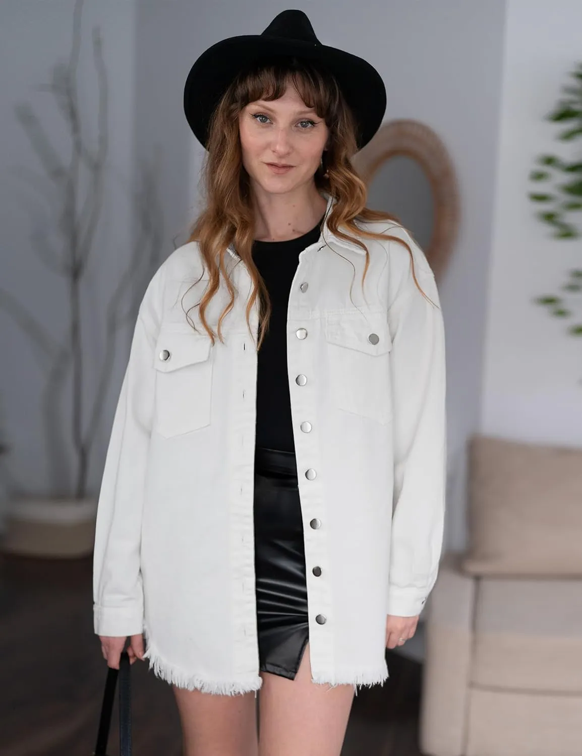 luvamia Denim Jacket for Women Oversized Button Down Casual Jean Shacket Jackets Long Sleeve Frayed Hem Western Trendy