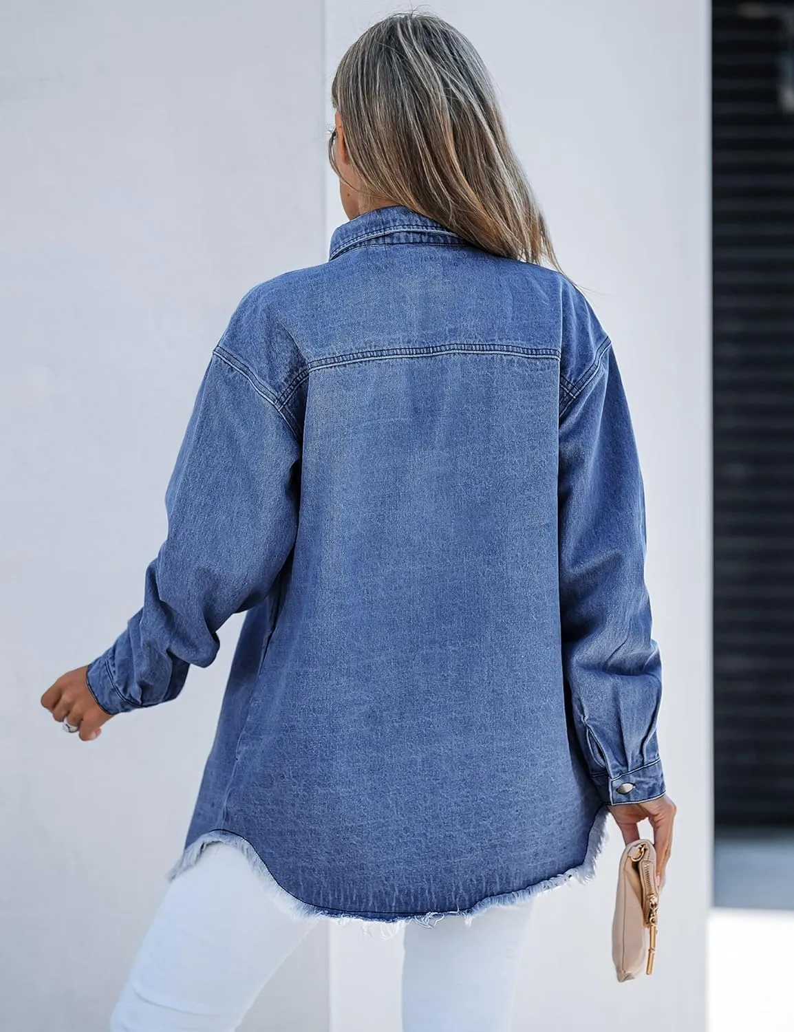 luvamia Denim Jacket for Women Oversized Button Down Casual Jean Shacket Jackets Long Sleeve Frayed Hem Western Trendy