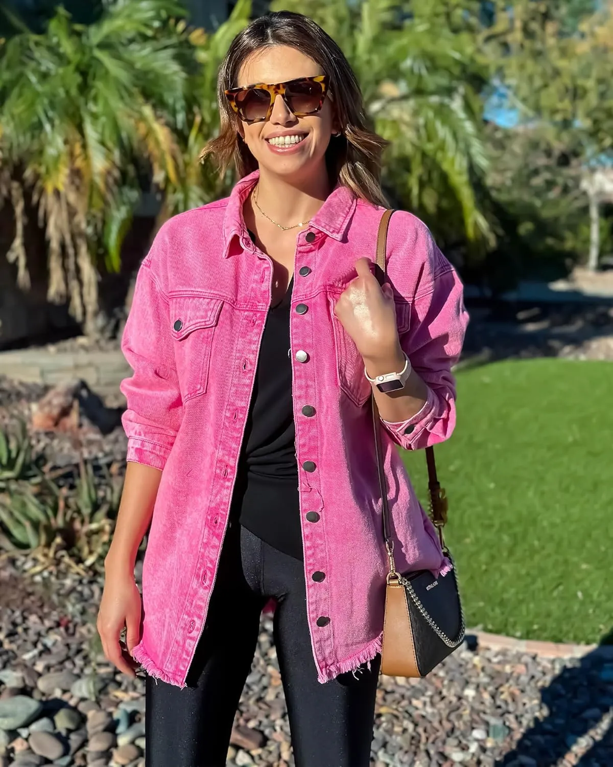luvamia Denim Jacket for Women Oversized Button Down Casual Jean Shacket Jackets Long Sleeve Frayed Hem Western Trendy