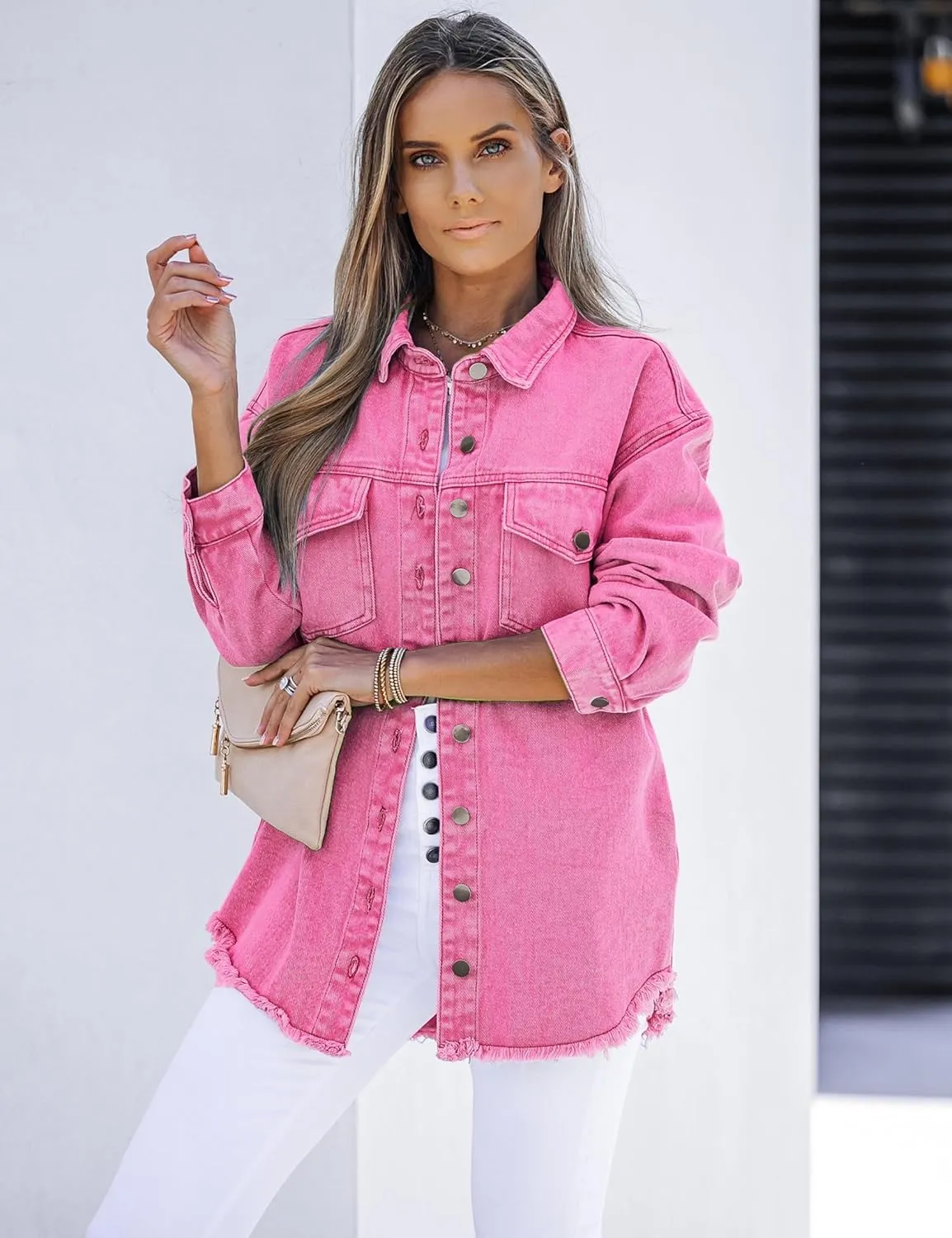 luvamia Denim Jacket for Women Oversized Button Down Casual Jean Shacket Jackets Long Sleeve Frayed Hem Western Trendy