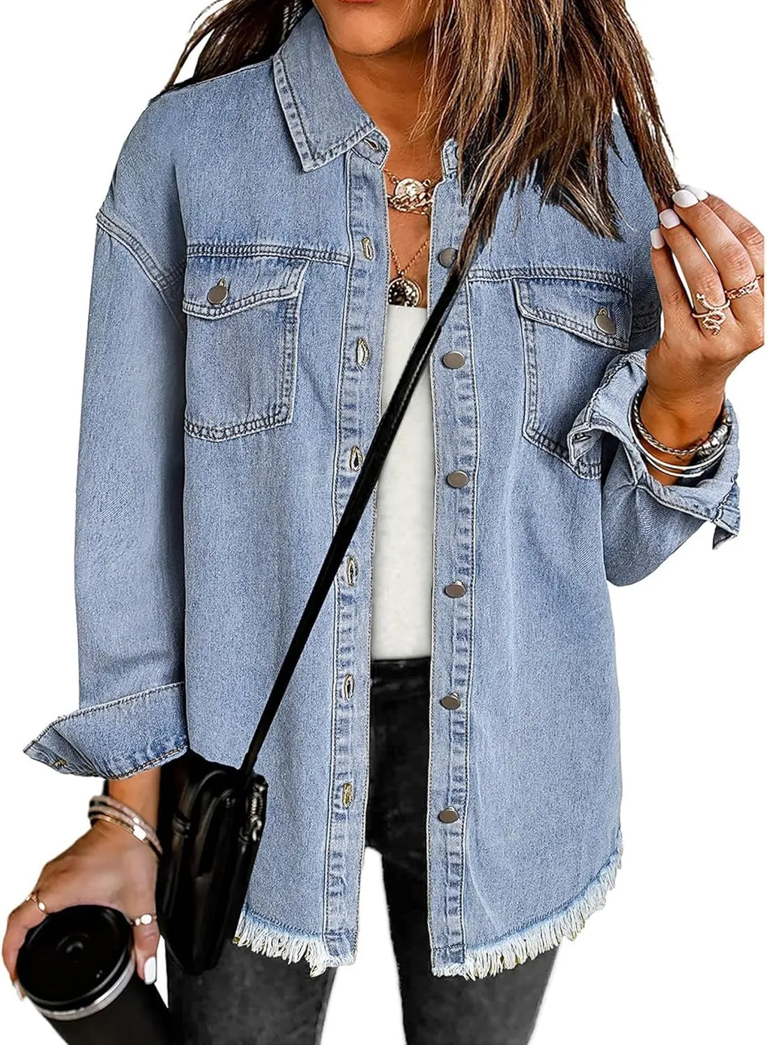 luvamia Denim Jacket for Women Oversized Button Down Casual Jean Shacket Jackets Long Sleeve Frayed Hem Western Trendy