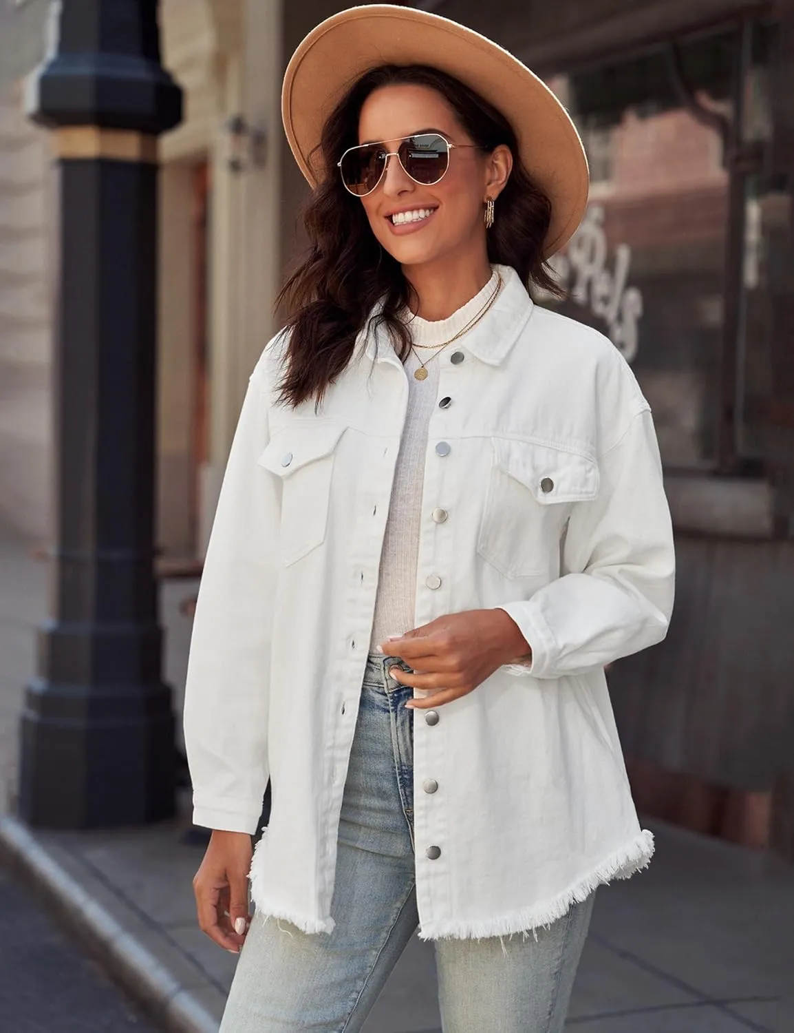 luvamia Denim Jacket for Women Oversized Button Down Casual Jean Shacket Jackets Long Sleeve Frayed Hem Western Trendy