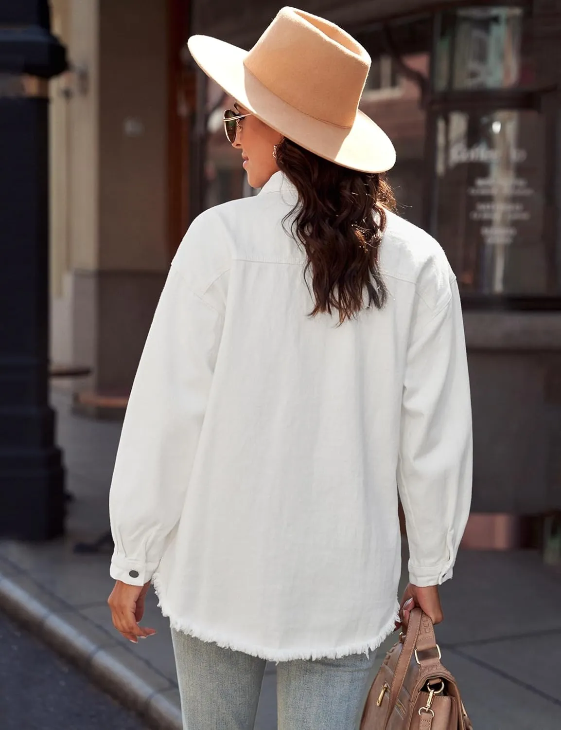 luvamia Denim Jacket for Women Oversized Button Down Casual Jean Shacket Jackets Long Sleeve Frayed Hem Western Trendy