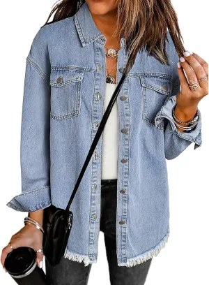luvamia Denim Jacket for Women Oversized Button Down Casual Jean Shacket Jackets Long Sleeve Frayed Hem Western Trendy