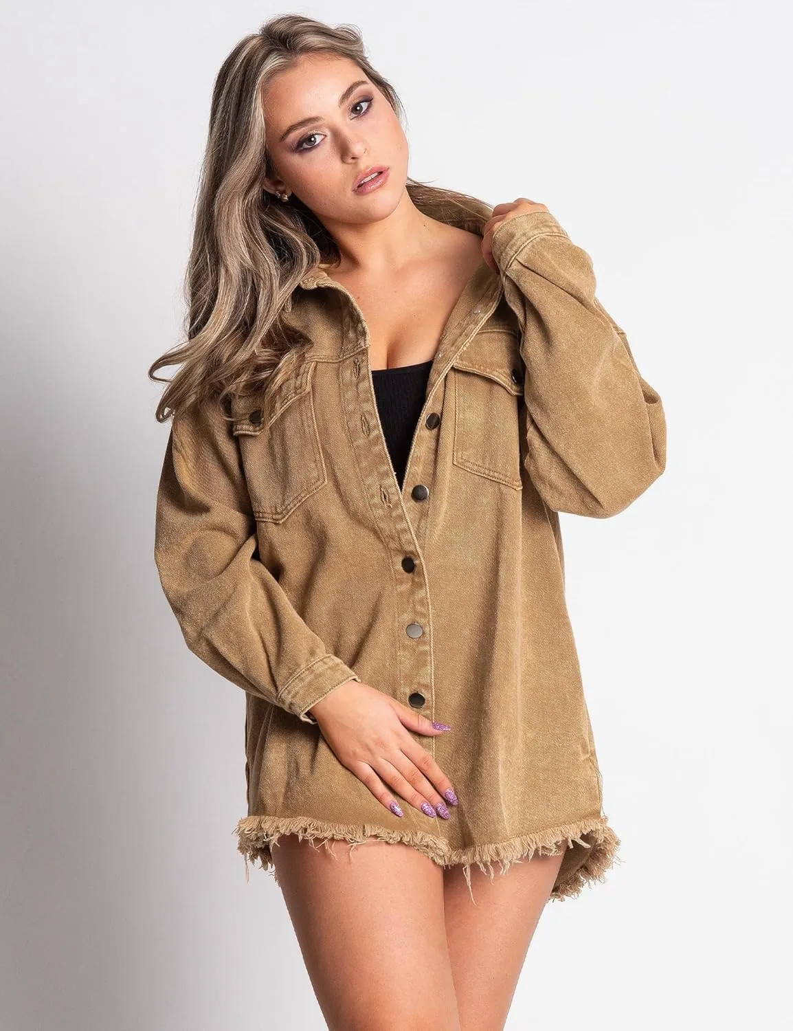 luvamia Denim Jacket for Women Oversized Button Down Casual Jean Shacket Jackets Long Sleeve Frayed Hem Western Trendy