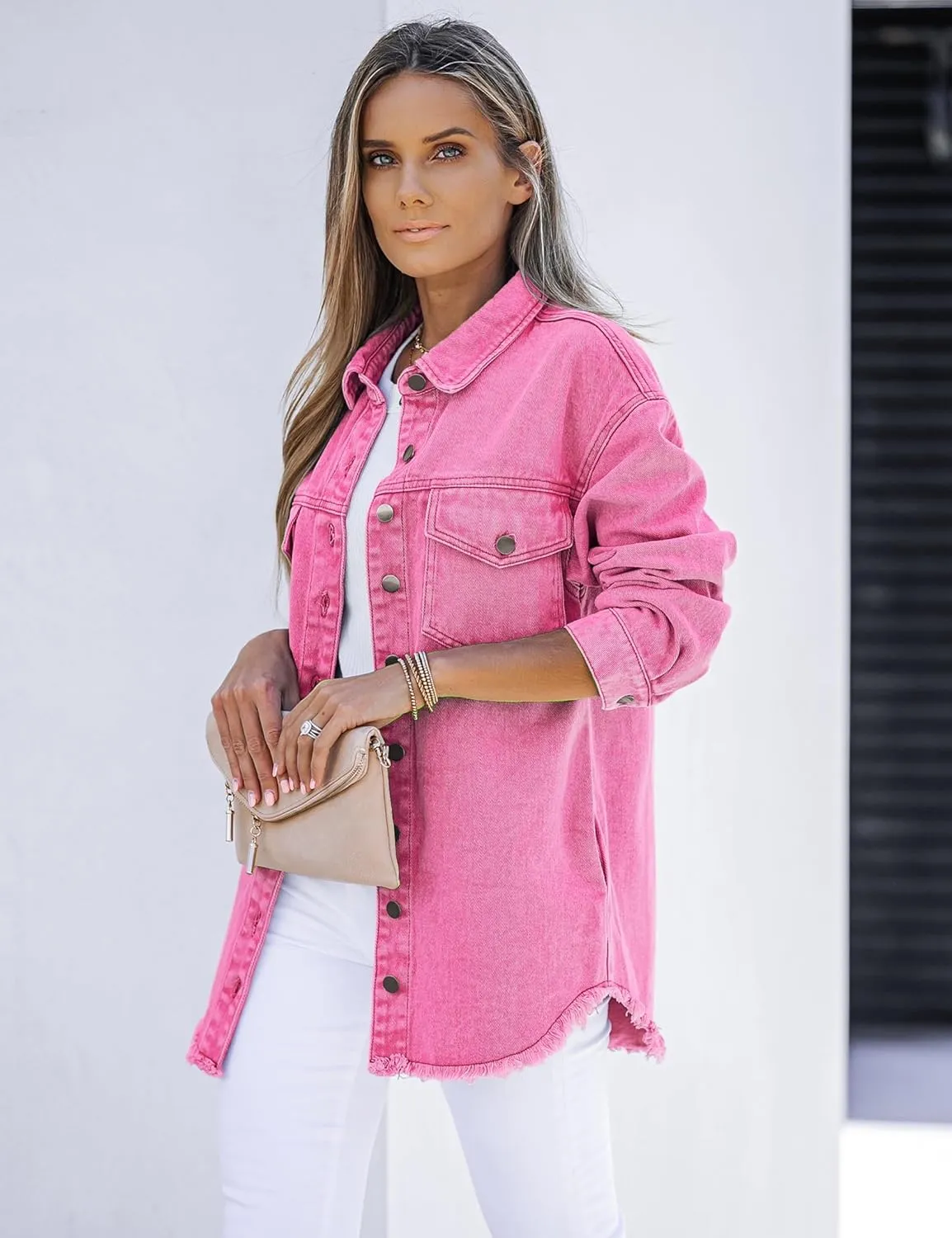 luvamia Denim Jacket for Women Oversized Button Down Casual Jean Shacket Jackets Long Sleeve Frayed Hem Western Trendy