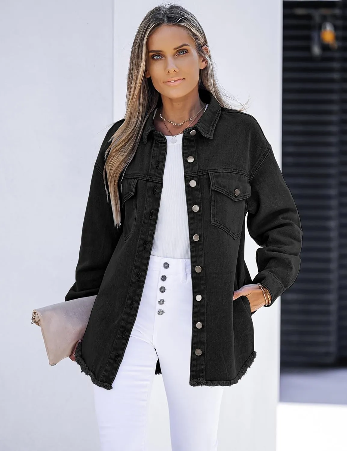 luvamia Denim Jacket for Women Oversized Button Down Casual Jean Shacket Jackets Long Sleeve Frayed Hem Western Trendy