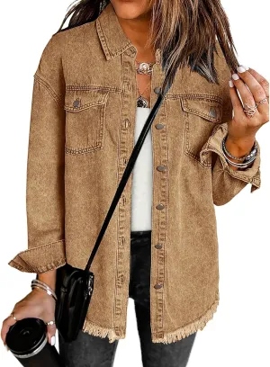 luvamia Denim Jacket for Women Oversized Button Down Casual Jean Shacket Jackets Long Sleeve Frayed Hem Western Trendy
