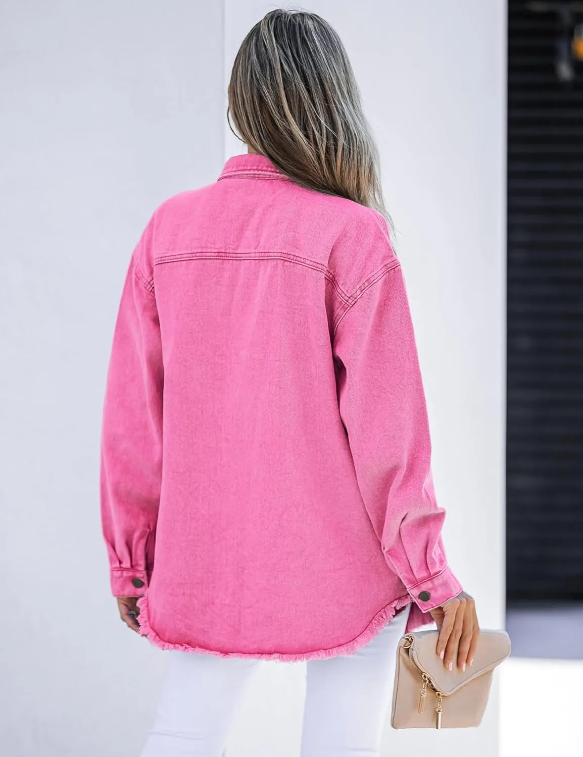 luvamia Denim Jacket for Women Oversized Button Down Casual Jean Shacket Jackets Long Sleeve Frayed Hem Western Trendy