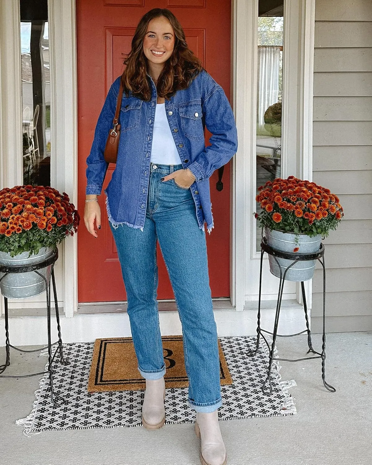 luvamia Denim Jacket for Women Oversized Button Down Casual Jean Shacket Jackets Long Sleeve Frayed Hem Western Trendy