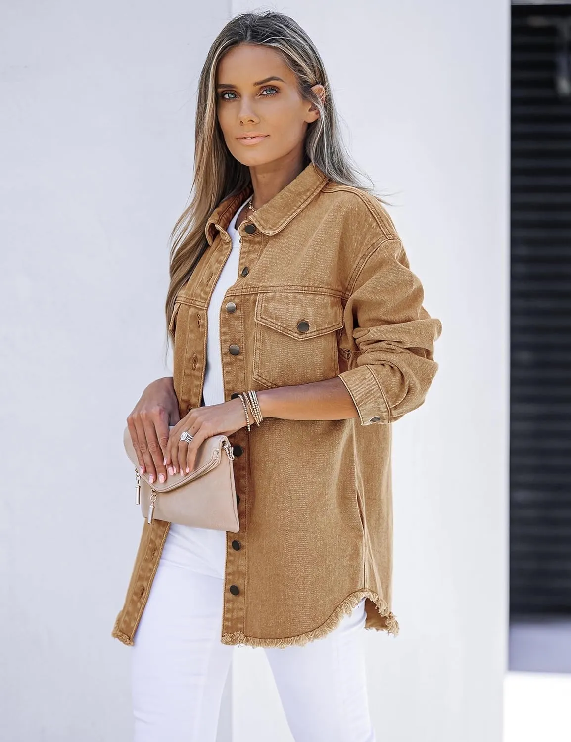 luvamia Denim Jacket for Women Oversized Button Down Casual Jean Shacket Jackets Long Sleeve Frayed Hem Western Trendy