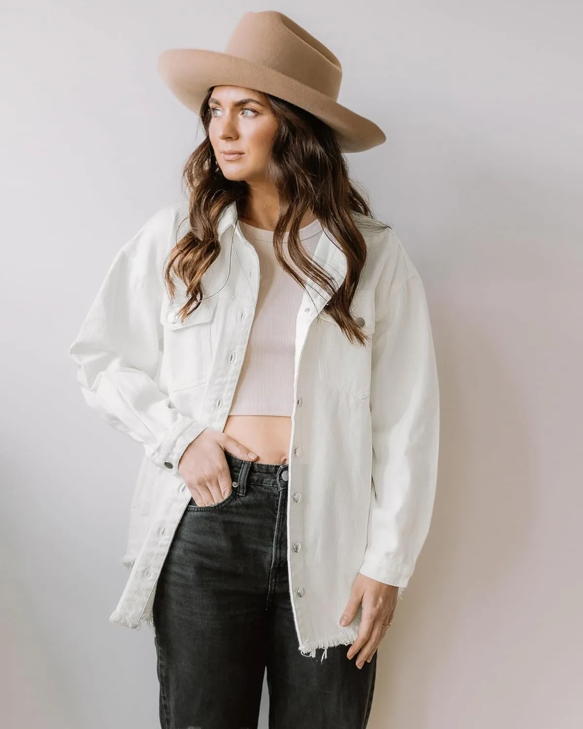 luvamia Denim Jacket for Women Oversized Button Down Casual Jean Shacket Jackets Long Sleeve Frayed Hem Western Trendy
