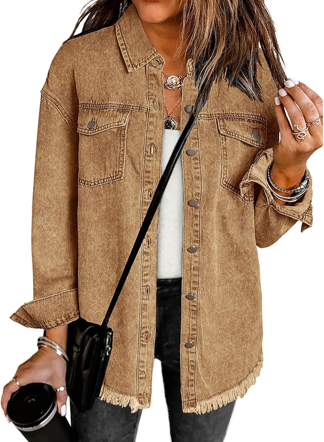 luvamia Denim Jacket for Women Oversized Button Down Casual Jean Shacket Jackets Long Sleeve Frayed Hem Western Trendy
