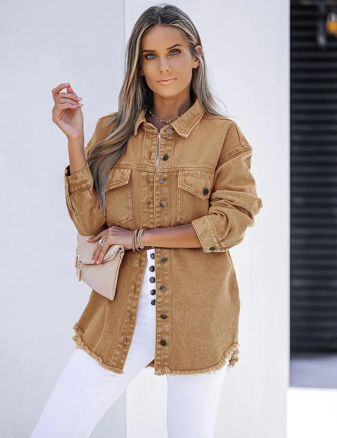 luvamia Denim Jacket for Women Oversized Button Down Casual Jean Shacket Jackets Long Sleeve Frayed Hem Western Trendy