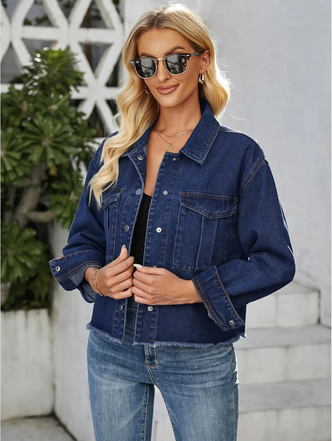 luvamia Jean Jacket Women Trendy Oversized Denim Jacket Raw Hem Long Sleeves Fashion Casual Jackets Shacket with Pockets