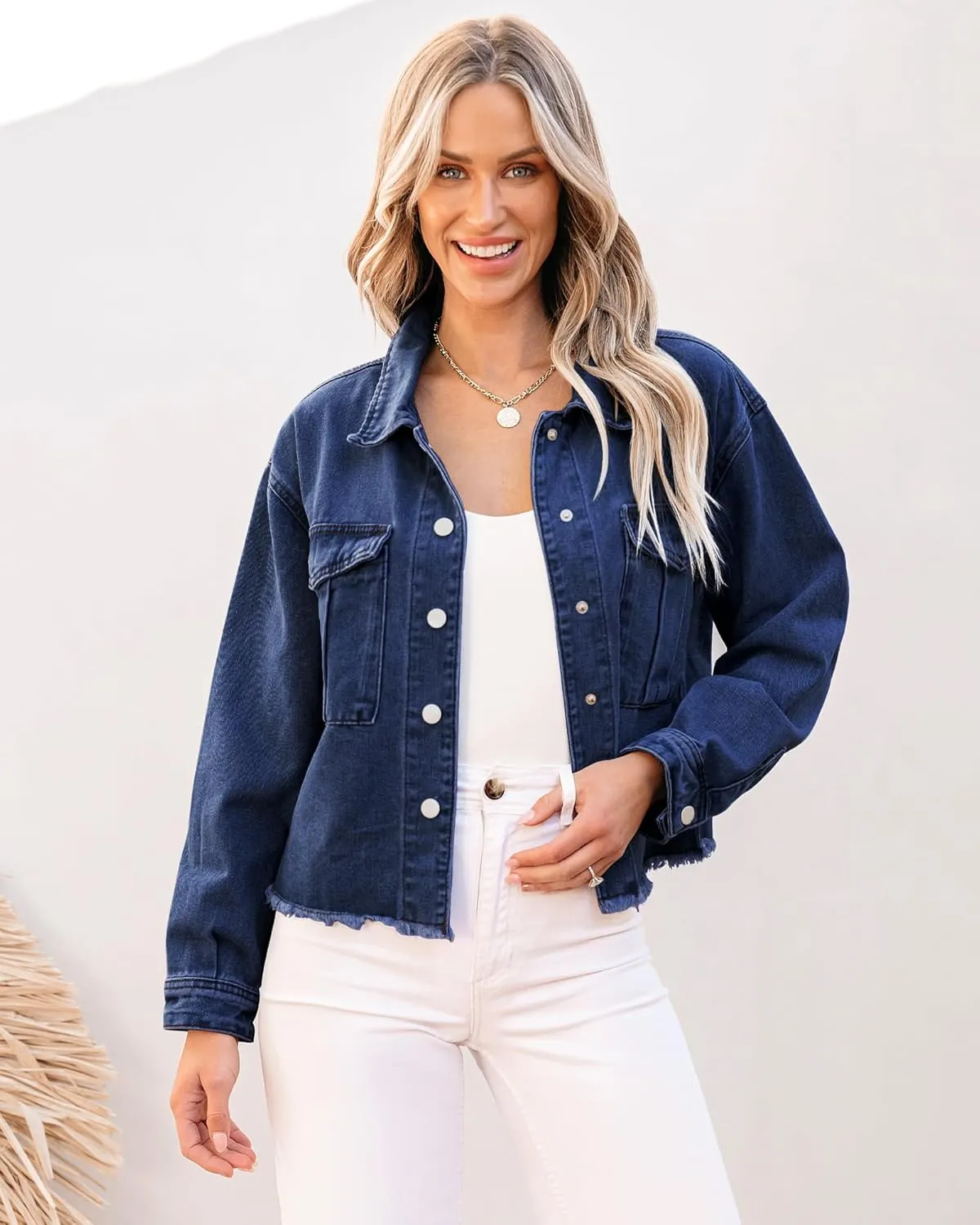 luvamia Jean Jacket Women Trendy Oversized Denim Jacket Raw Hem Long Sleeves Fashion Casual Jackets Shacket with Pockets