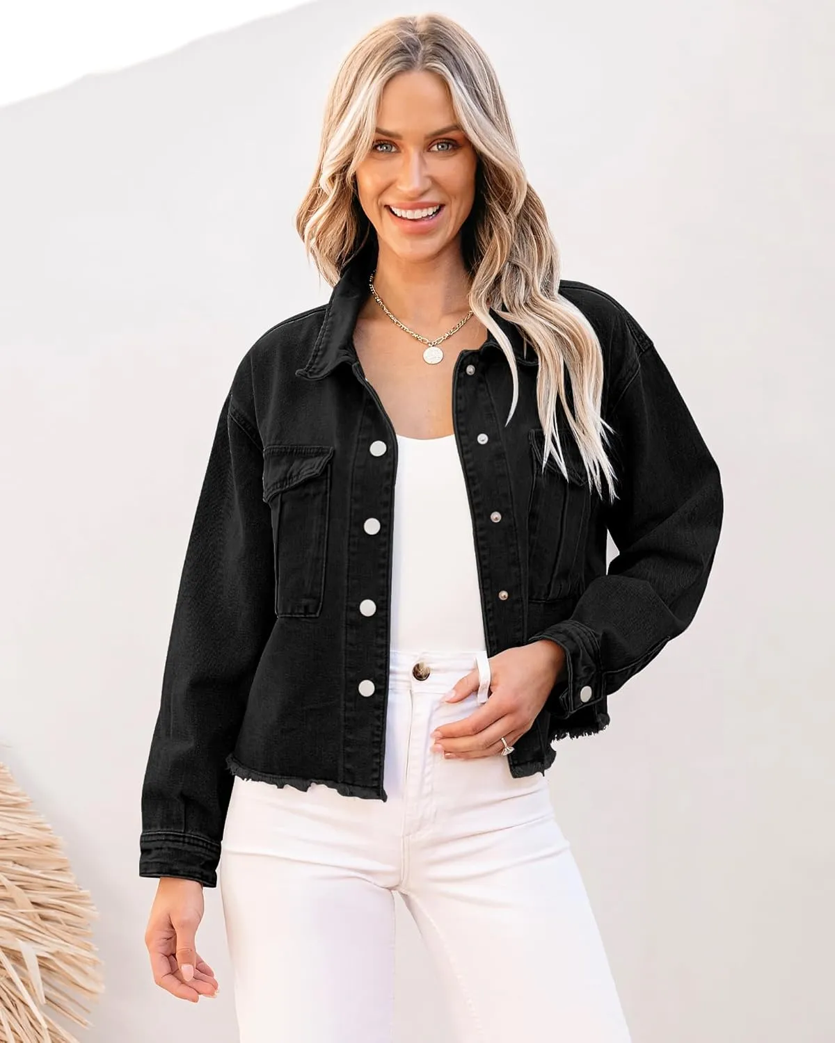 luvamia Jean Jacket Women Trendy Oversized Denim Jacket Raw Hem Long Sleeves Fashion Casual Jackets Shacket with Pockets