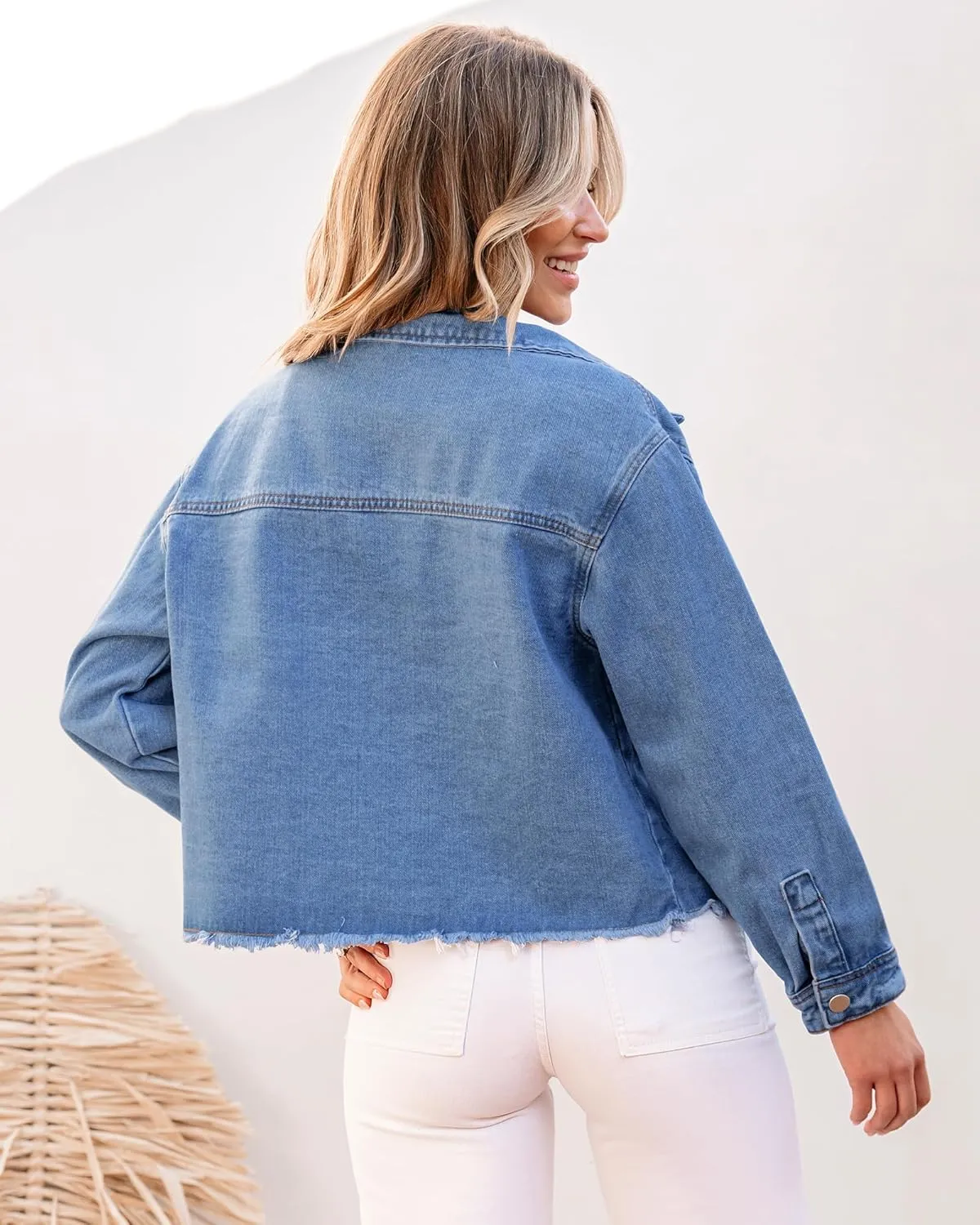 luvamia Jean Jacket Women Trendy Oversized Denim Jacket Raw Hem Long Sleeves Fashion Casual Jackets Shacket with Pockets