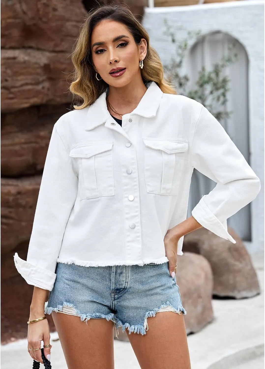 luvamia Jean Jacket Women Trendy Oversized Denim Jacket Raw Hem Long Sleeves Fashion Casual Jackets Shacket with Pockets