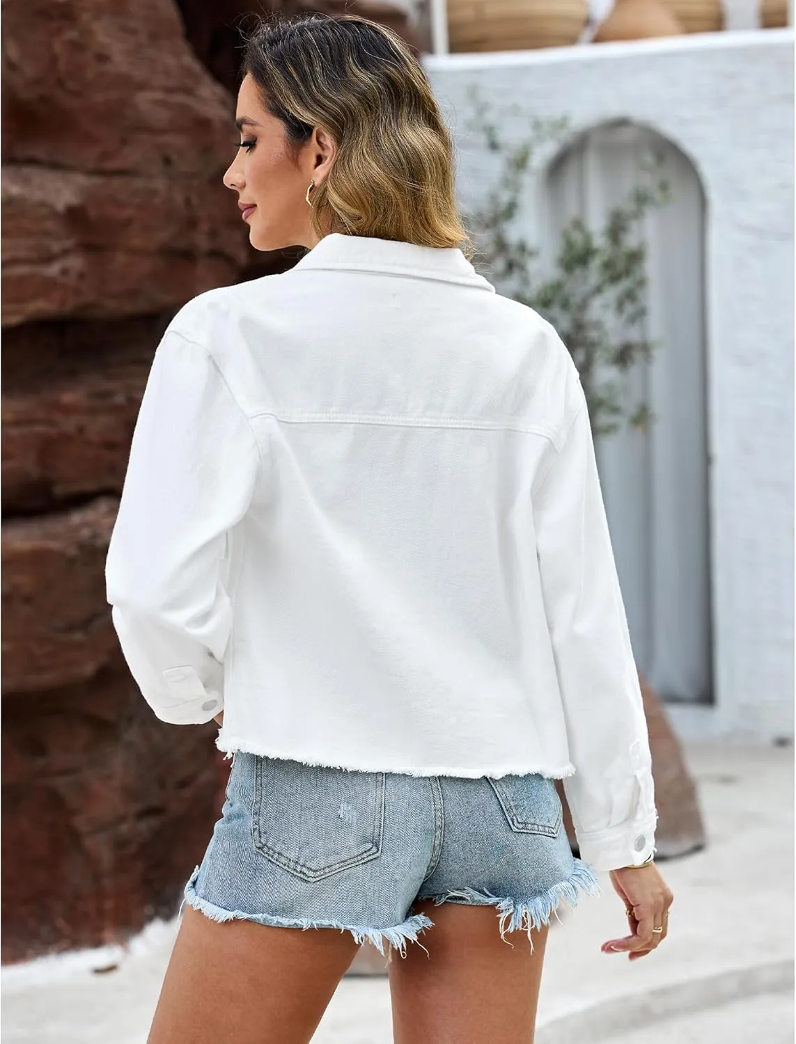 luvamia Jean Jacket Women Trendy Oversized Denim Jacket Raw Hem Long Sleeves Fashion Casual Jackets Shacket with Pockets