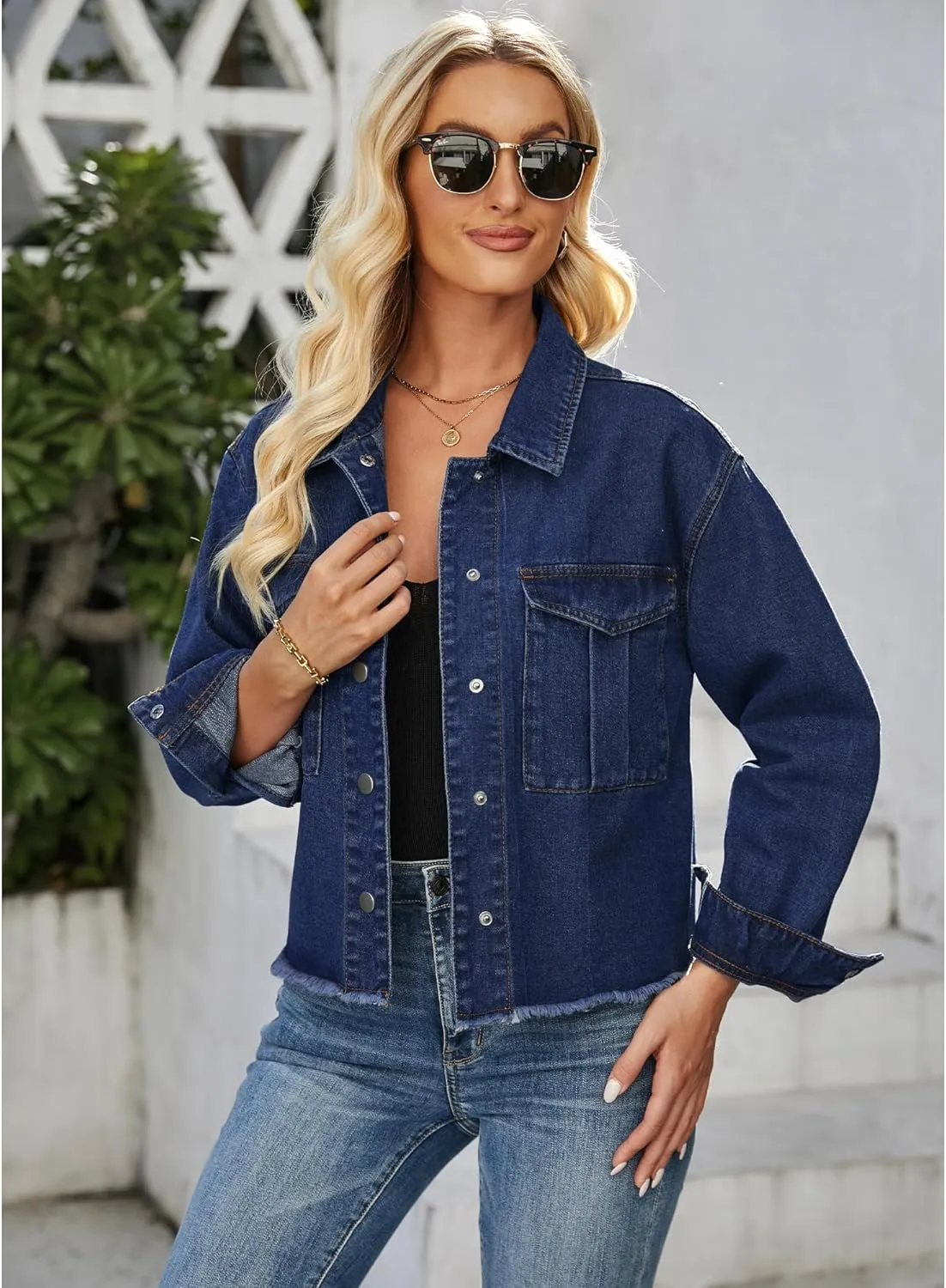 luvamia Jean Jacket Women Trendy Oversized Denim Jacket Raw Hem Long Sleeves Fashion Casual Jackets Shacket with Pockets