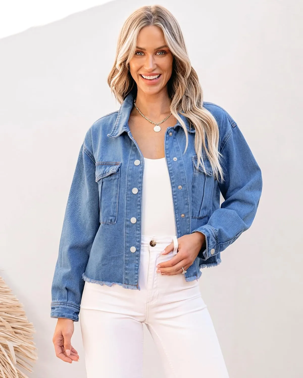 luvamia Jean Jacket Women Trendy Oversized Denim Jacket Raw Hem Long Sleeves Fashion Casual Jackets Shacket with Pockets